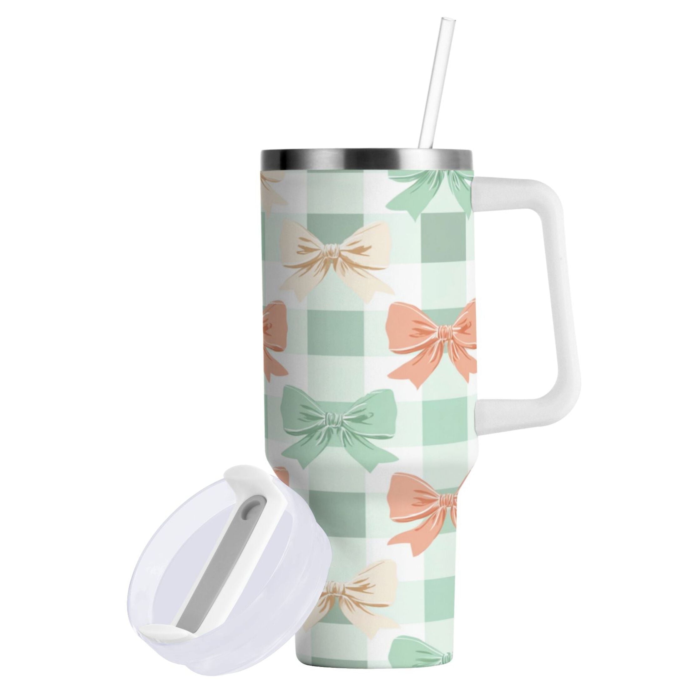 40 oz Insulated Stainless Steel Tumbler Double Wall Stainless Steel Tumbler with 2-Way Drinking Green and Peach Bow Pattern M544Y
