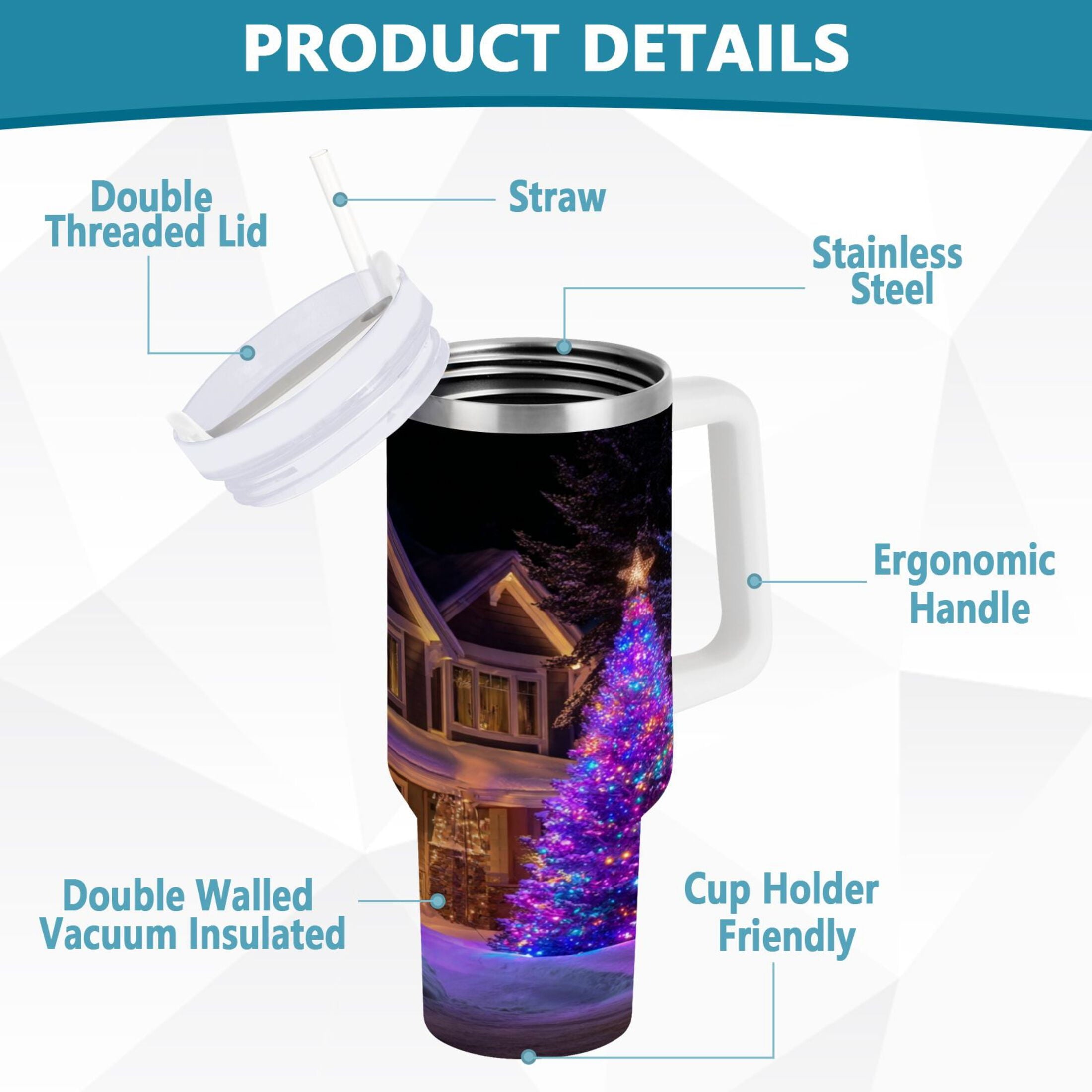 40 oz Insulated Stainless Steel Tumbler Double Wall Stainless Steel Tumbler with 2-Way Drinking Christmas Trees with Lights M664M
