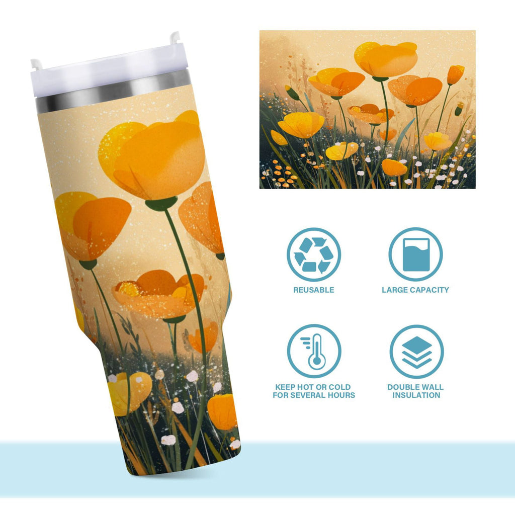 30 oz Insulated Stainless Steel Tumbler Double Wall Stainless Steel Tumbler with 2-Way Drinking Yellow Flowers on The Grass M594N
