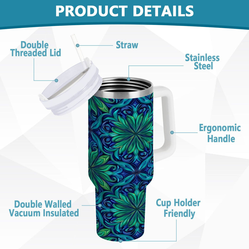 40 oz Insulated Stainless Steel Tumbler Double Wall Stainless Steel Tumbler with 2-Way Drinking Elegant Blue Traditional Patterns M603V
