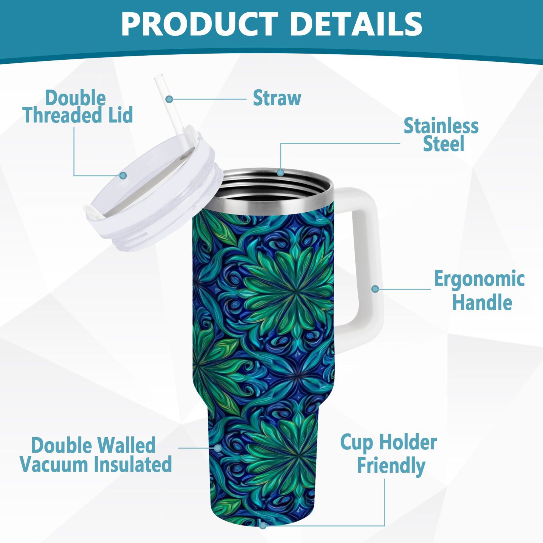 40 oz Insulated Stainless Steel Tumbler Double Wall Stainless Steel Tumbler with 2-Way Drinking Elegant Blue Traditional Patterns M603V