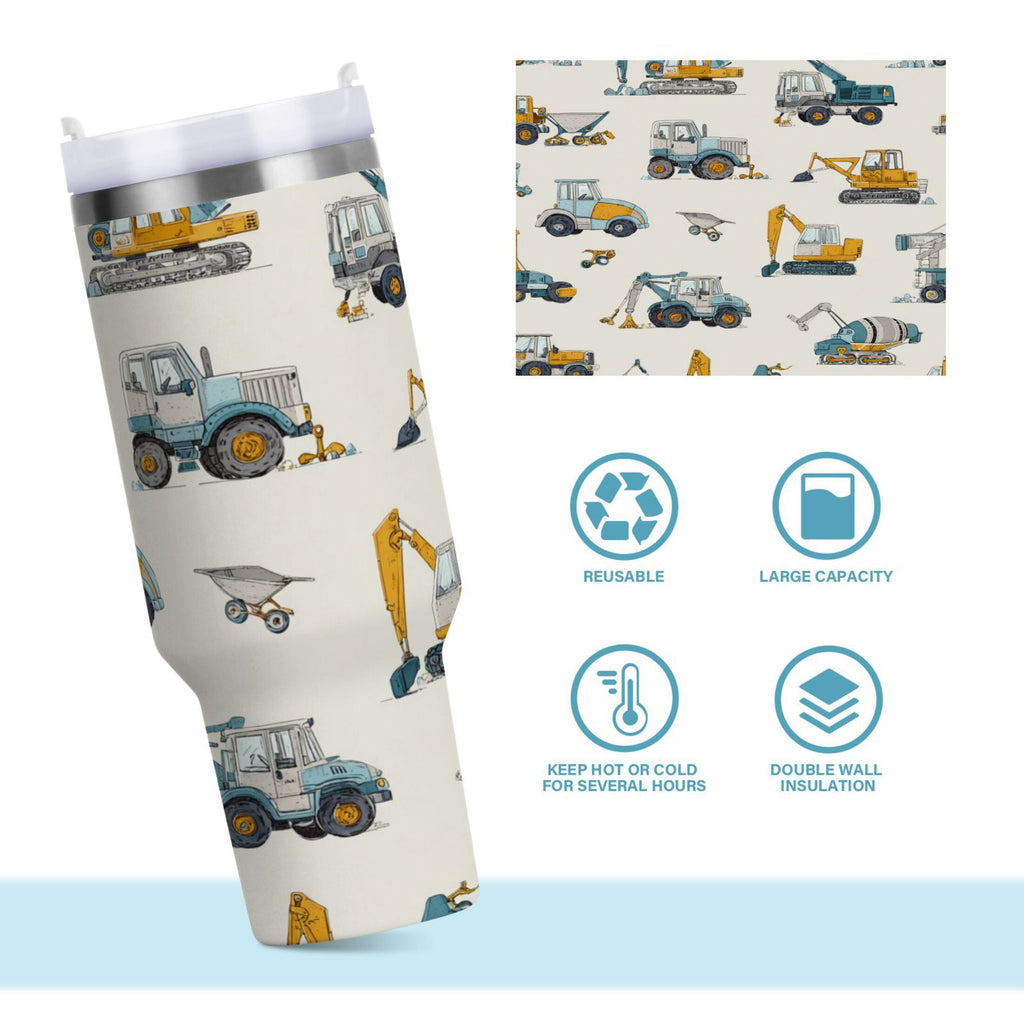 30 oz Insulated Stainless Steel Tumbler Double Wall Stainless Steel Tumbler with 2-Way Drinking Engineering Vehicle Pattern M653J