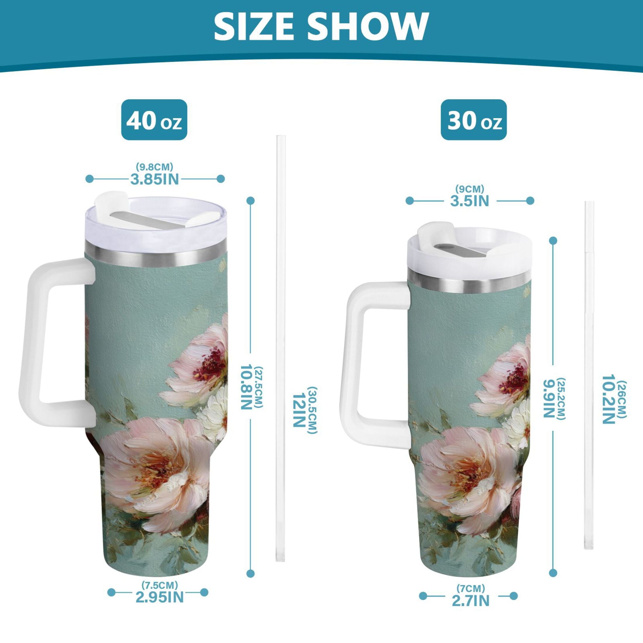 40 oz Insulated Stainless Steel Tumbler Double Wall Stainless Steel Tumbler with 2-Way Drinking Vintage Peonies and Daisies M677V