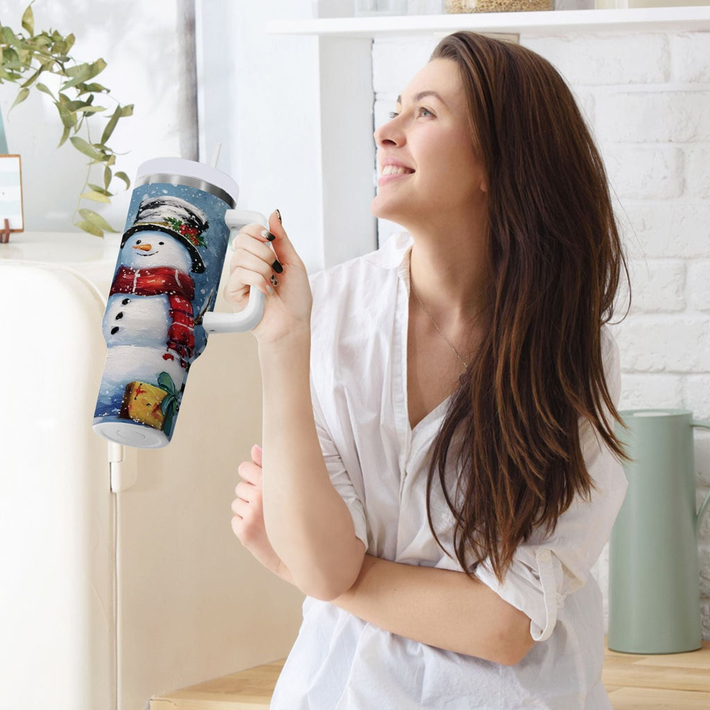 30 oz Insulated Stainless Steel Tumbler Double Wall Stainless Steel Tumbler with 2-Way Drinking Christmas Scene with Snowman M642Z