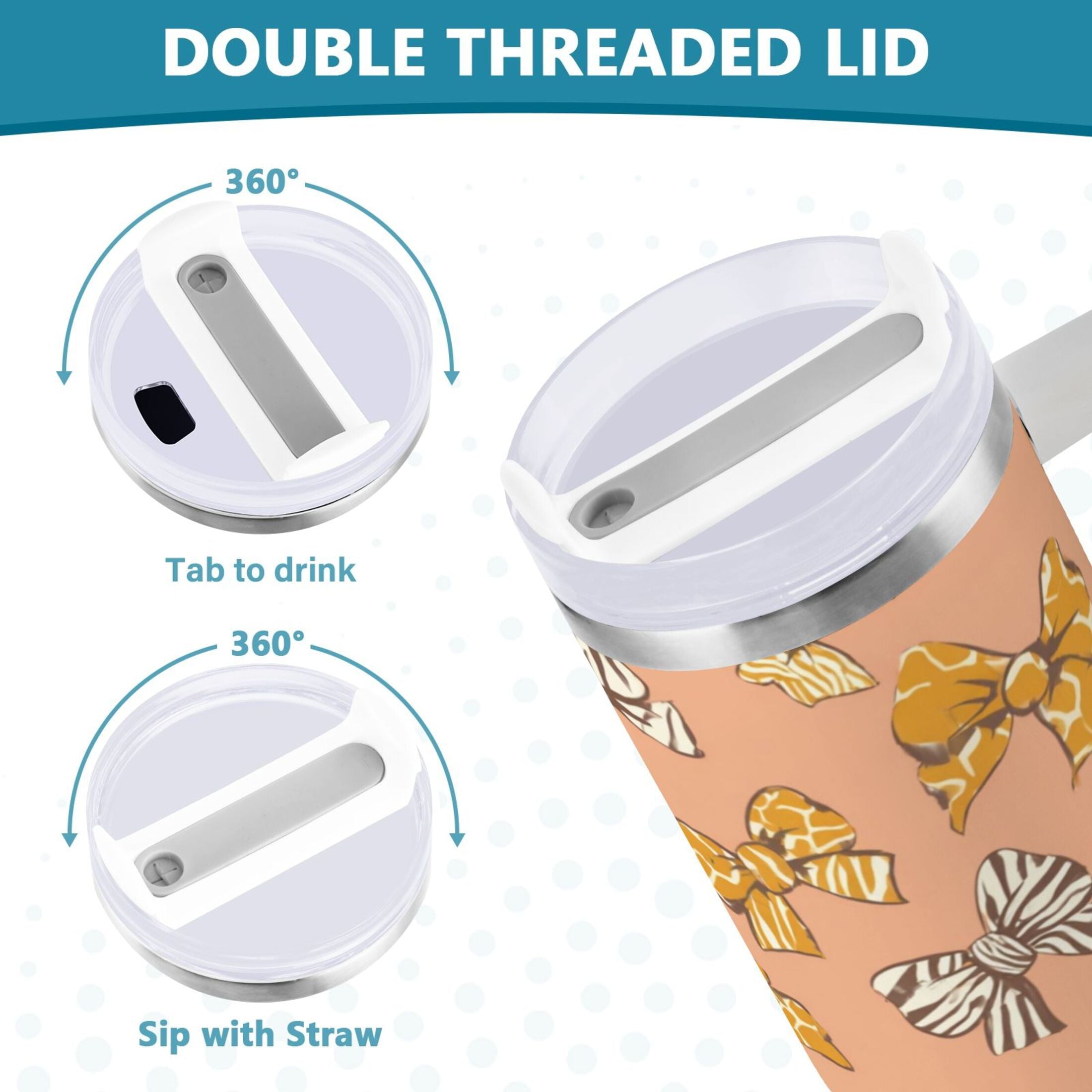 40 oz Insulated Stainless Steel Tumbler Double Wall Stainless Steel Tumbler with 2-Way Drinking Cute Animal Print Bows M678Y