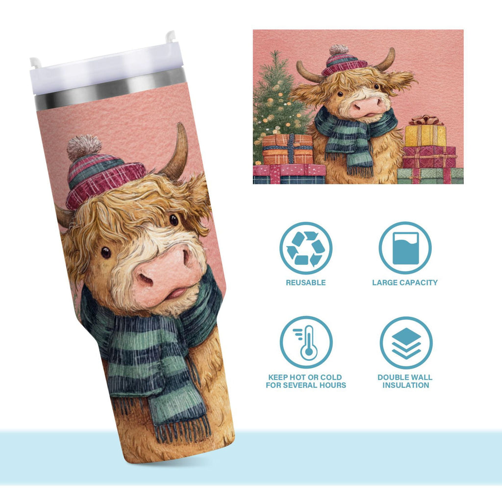 30 oz Insulated Stainless Steel Tumbler Double Wall Stainless Steel Tumbler with 2-Way Drinking Cow Wearing Scarf and Hat M663H