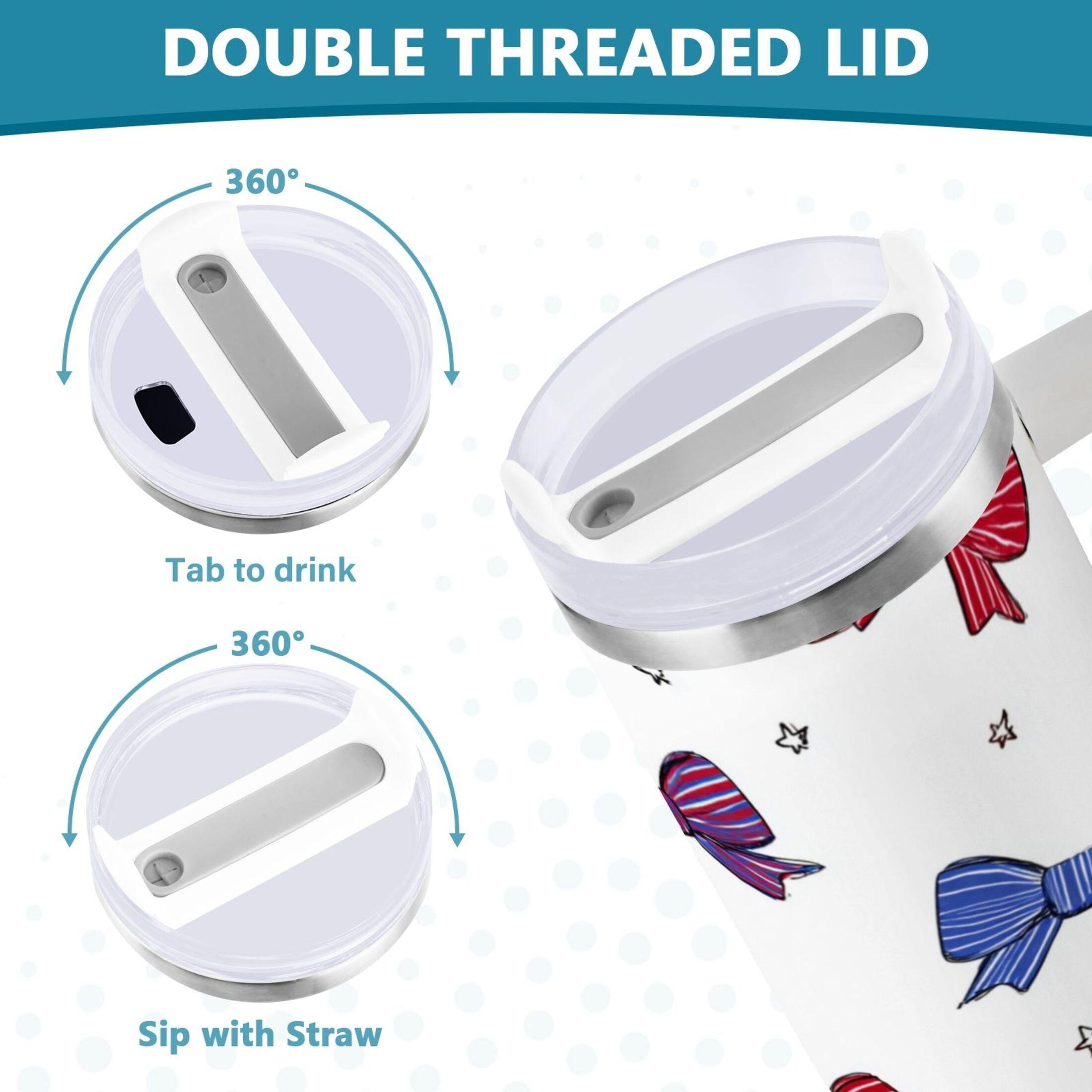 30 oz Insulated Stainless Steel Tumbler Double Wall Stainless Steel Tumbler with 2-Way Drinking Red and Blue Stripe Bows M656G
