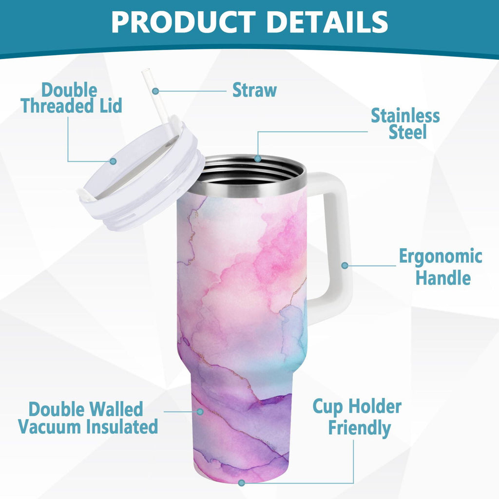 30 oz Insulated Stainless Steel Tumbler Double Wall Stainless Steel Tumbler with 2-Way Drinking Pastel Pink Marble Texture M614N