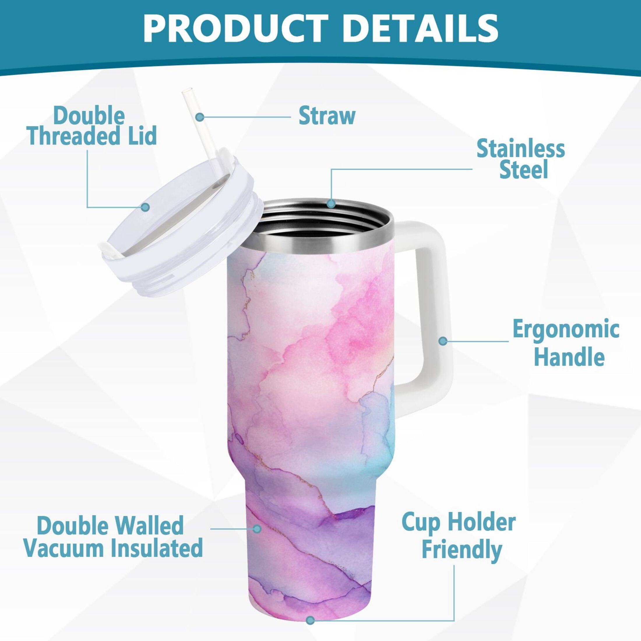 30 oz Insulated Stainless Steel Tumbler Double Wall Stainless Steel Tumbler with 2-Way Drinking Pastel Pink Marble Texture M614N