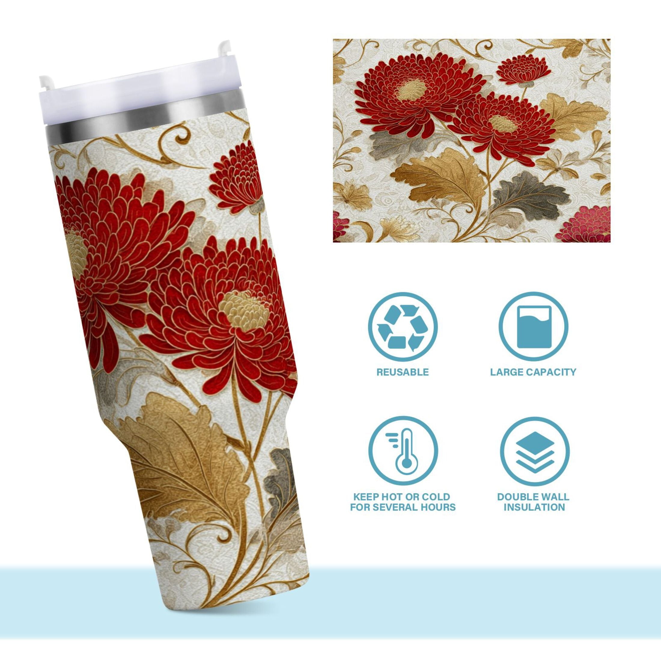 30 oz Insulated Stainless Steel Tumbler Double Wall Stainless Steel Tumbler with 2-Way Drinking Red Chrysanthemum Pattern M676U