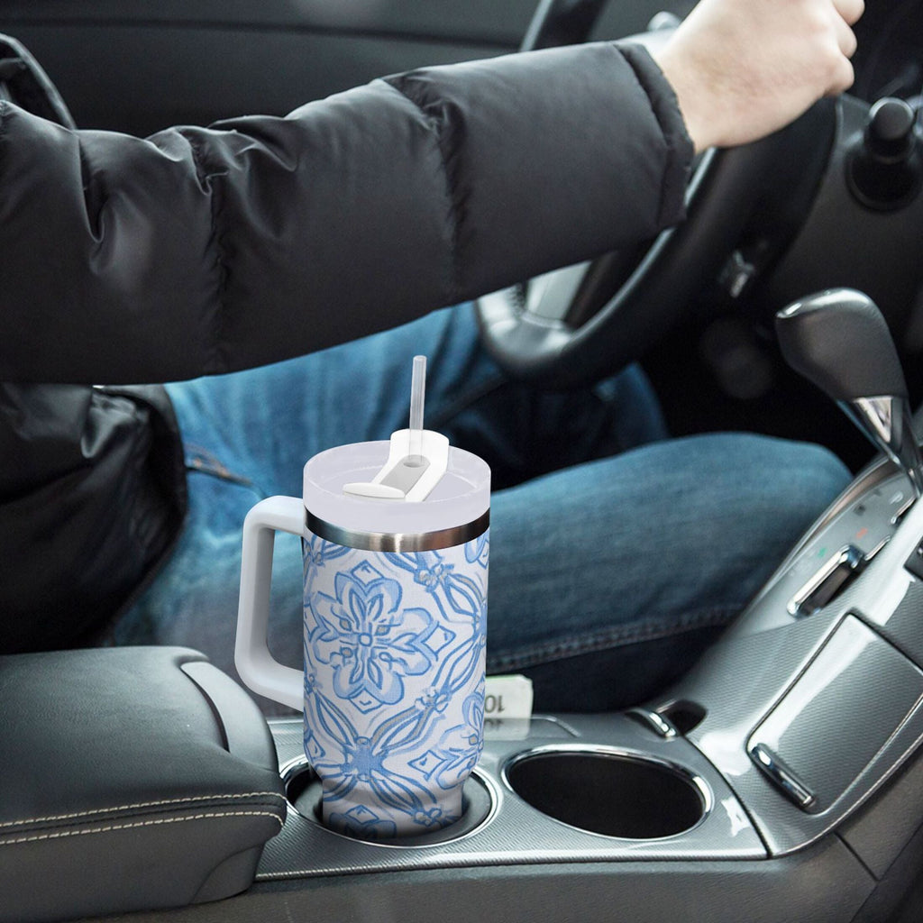 30 oz Insulated Stainless Steel Tumbler Double Wall Stainless Steel Tumbler with 2-Way Drinking Blue Elegant Geometric Design M623L
