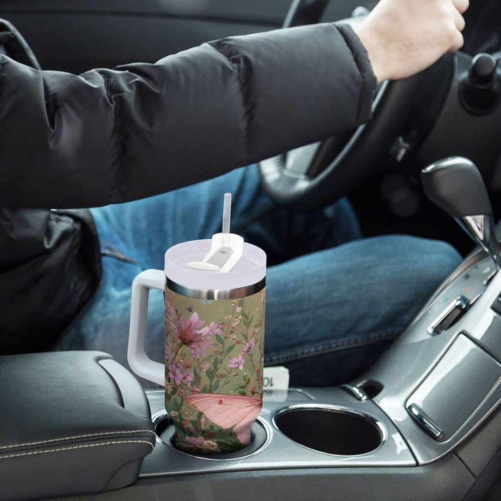 30 oz Insulated Stainless Steel Tumbler Double Wall Stainless Steel Tumbler with 2-Way Drinking Delicate Butterfly M643M