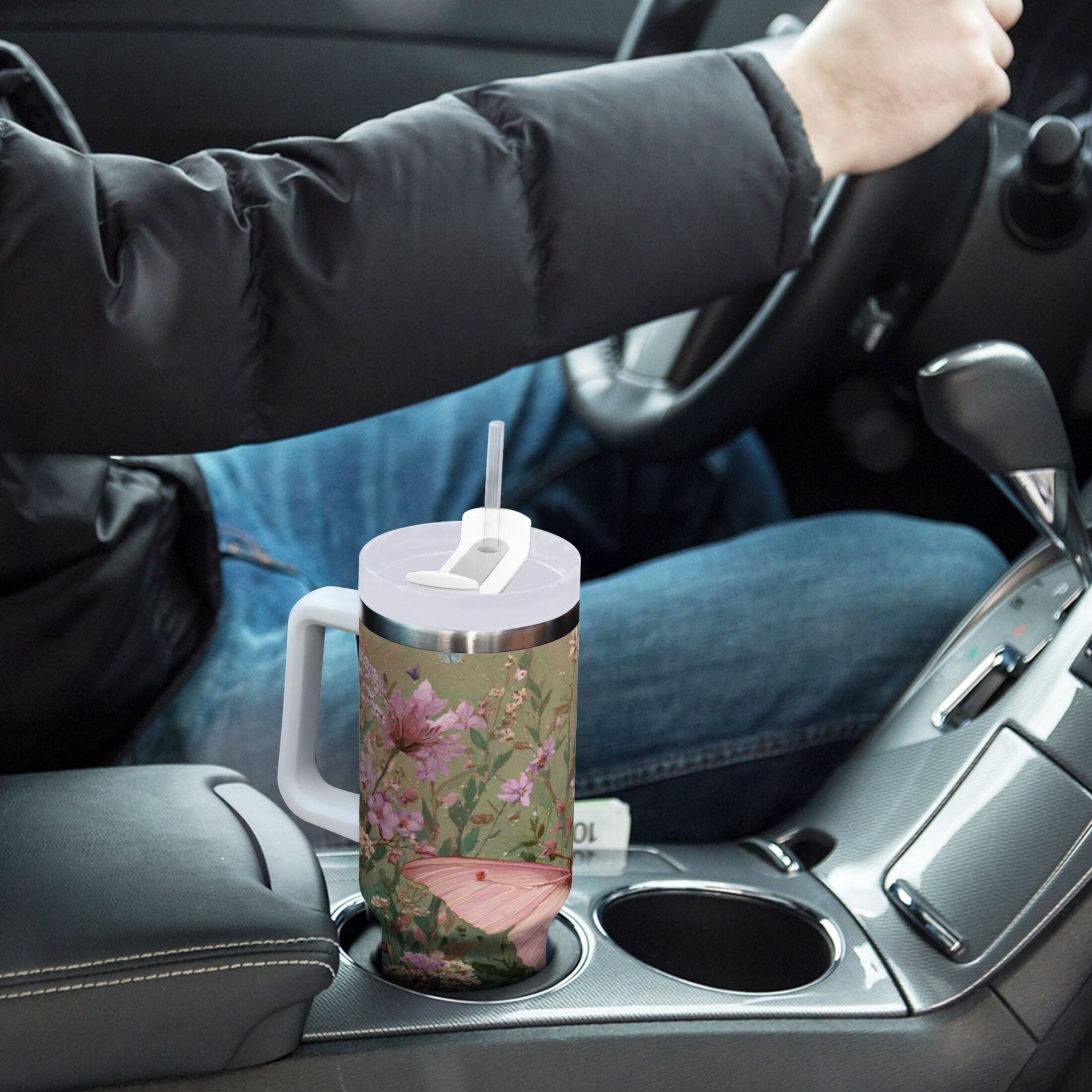30 oz Insulated Stainless Steel Tumbler Double Wall Stainless Steel Tumbler with 2-Way Drinking Delicate Butterfly M643M