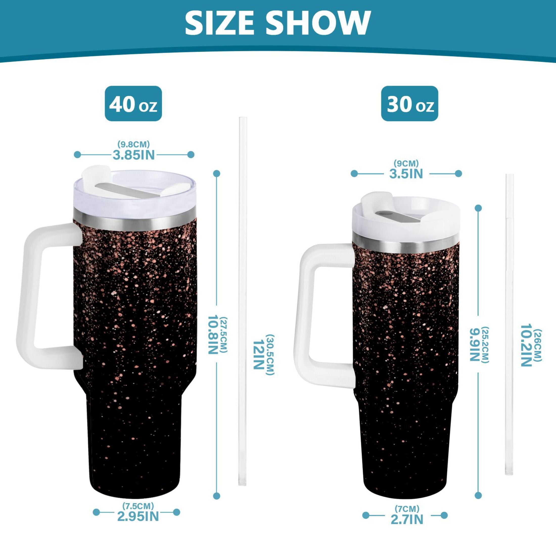 40 oz Insulated Stainless Steel Tumbler Double Wall Stainless Steel Tumbler with 2-Way Drinking Rose Gold Glitter M589E