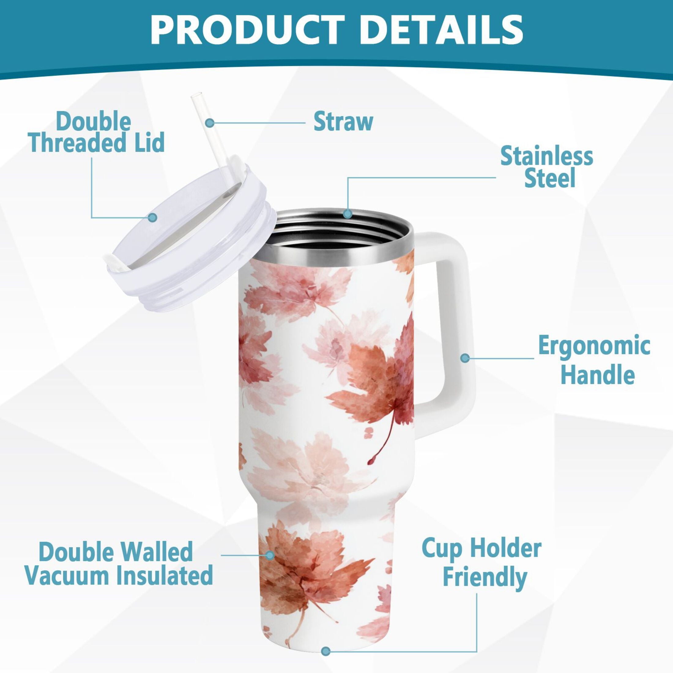 30 oz Insulated Stainless Steel Tumbler Double Wall Stainless Steel Tumbler with 2-Way Drinking Watercolor Pink Maple Leaves M624A