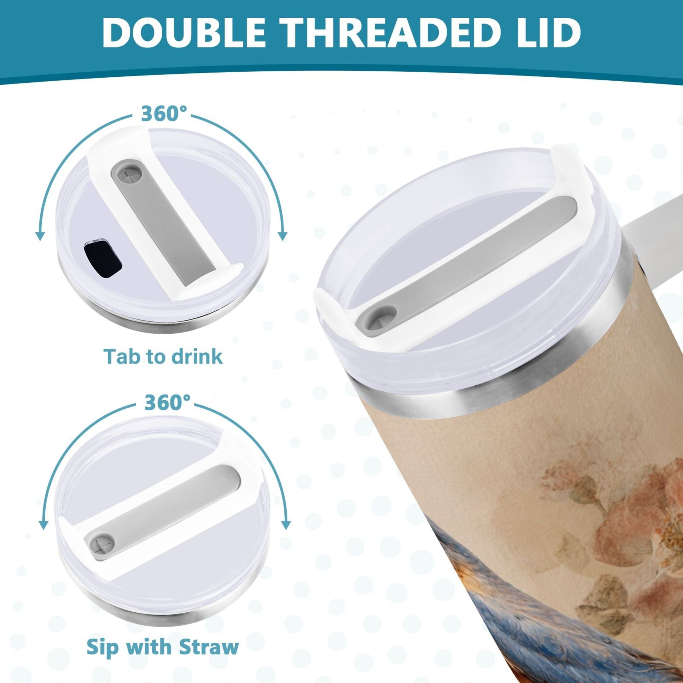 40 oz Insulated Stainless Steel Tumbler Double Wall Stainless Steel Tumbler with 2-Way Drinking Bluebird and Ancient Flowers M574V