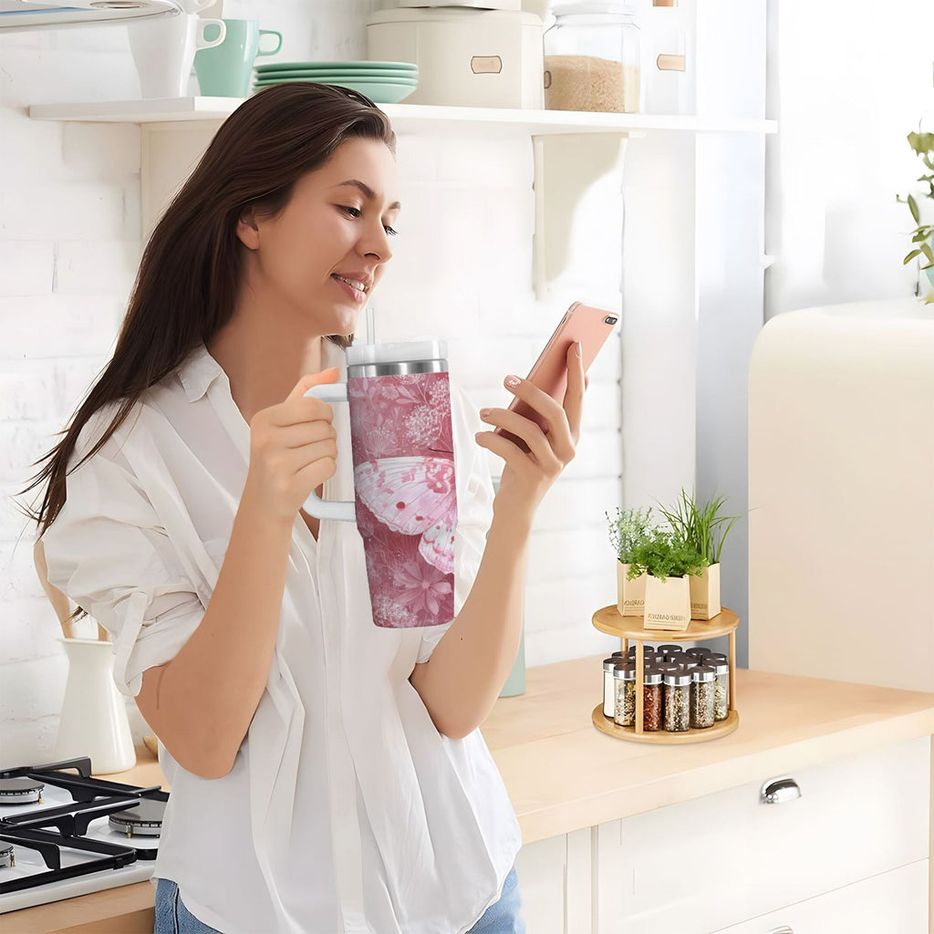 30 oz Insulated Stainless Steel Tumbler Double Wall Stainless Steel Tumbler with 2-Way Drinking Soft Pink Butterfly M561T