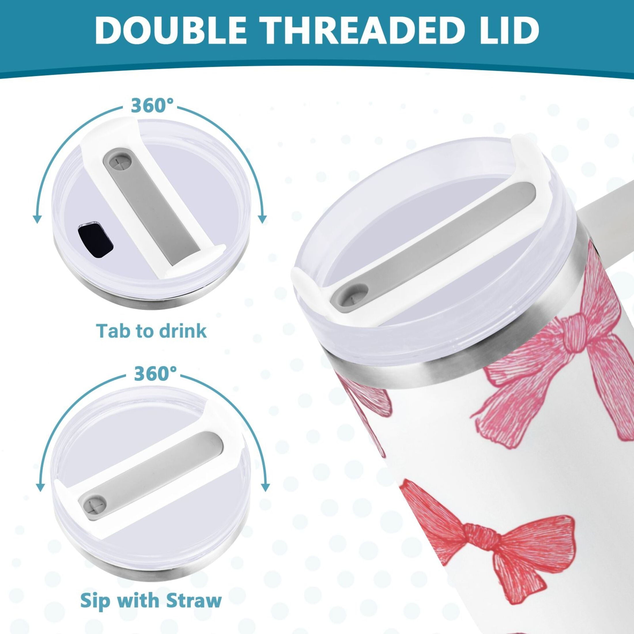 40 oz Insulated Stainless Steel Tumbler Double Wall Stainless Steel Tumbler with 2-Way Drinking Pink Bows Pattern M570V