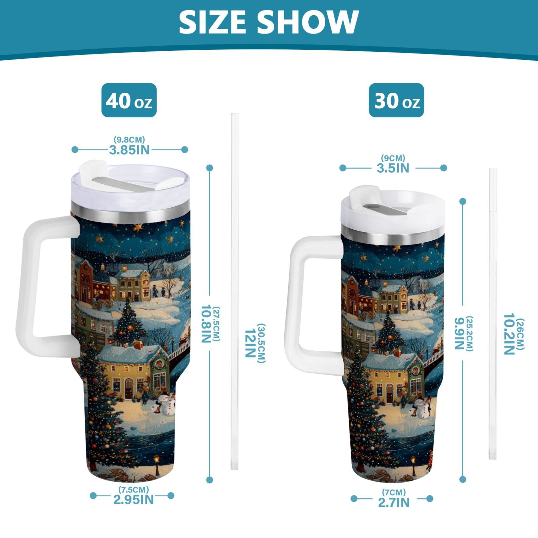 30 oz Insulated Stainless Steel Tumbler Double Wall Stainless Steel Tumbler with 2-Way Drinking Whimsical Christmas Scene M545Q