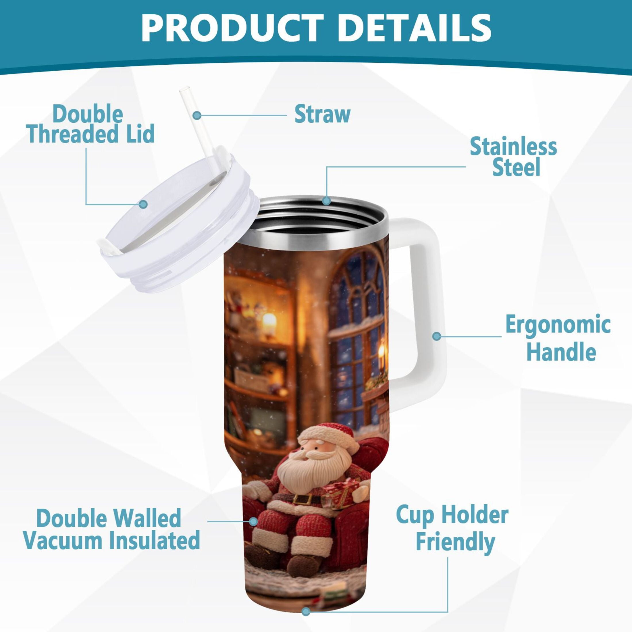 40 oz Insulated Stainless Steel Tumbler Double Wall Stainless Steel Tumbler with 2-Way Drinking Sitting Santa Claus M635Z