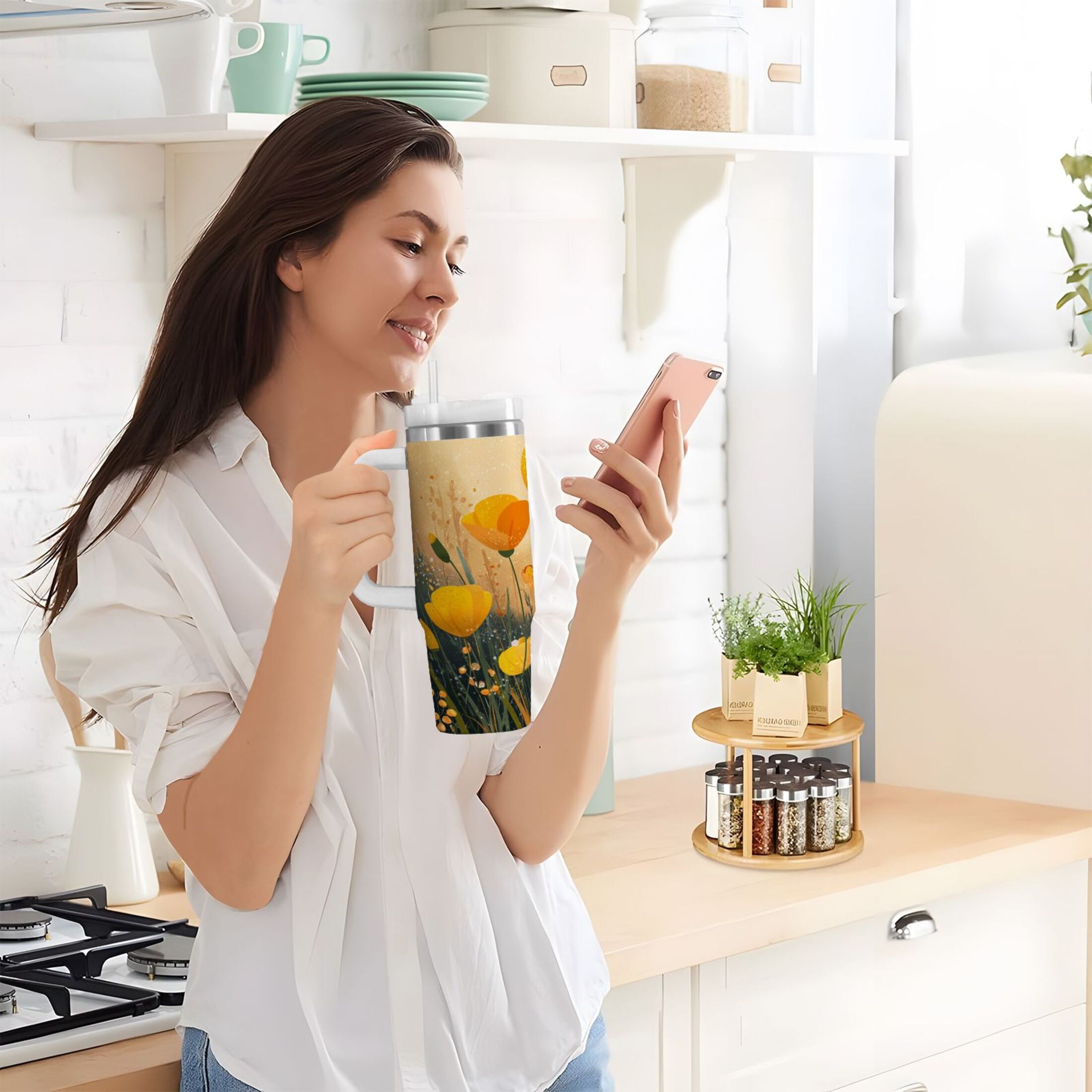 30 oz Insulated Stainless Steel Tumbler Double Wall Stainless Steel Tumbler with 2-Way Drinking Yellow Flowers on The Grass M594N