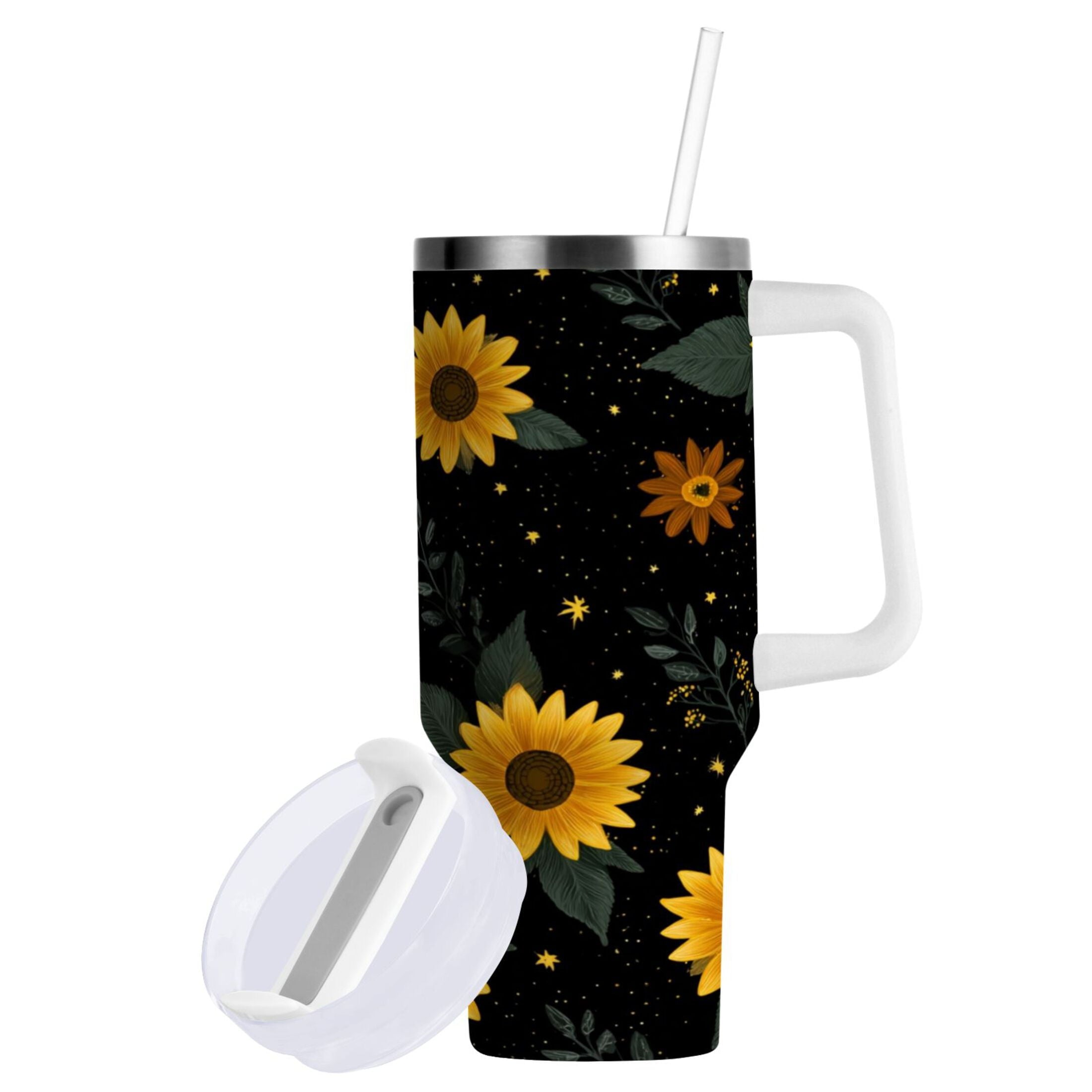 30 oz Insulated Stainless Steel Tumbler Double Wall Stainless Steel Tumbler with 2-Way Drinking Yellow Sunflower Pattern M532K