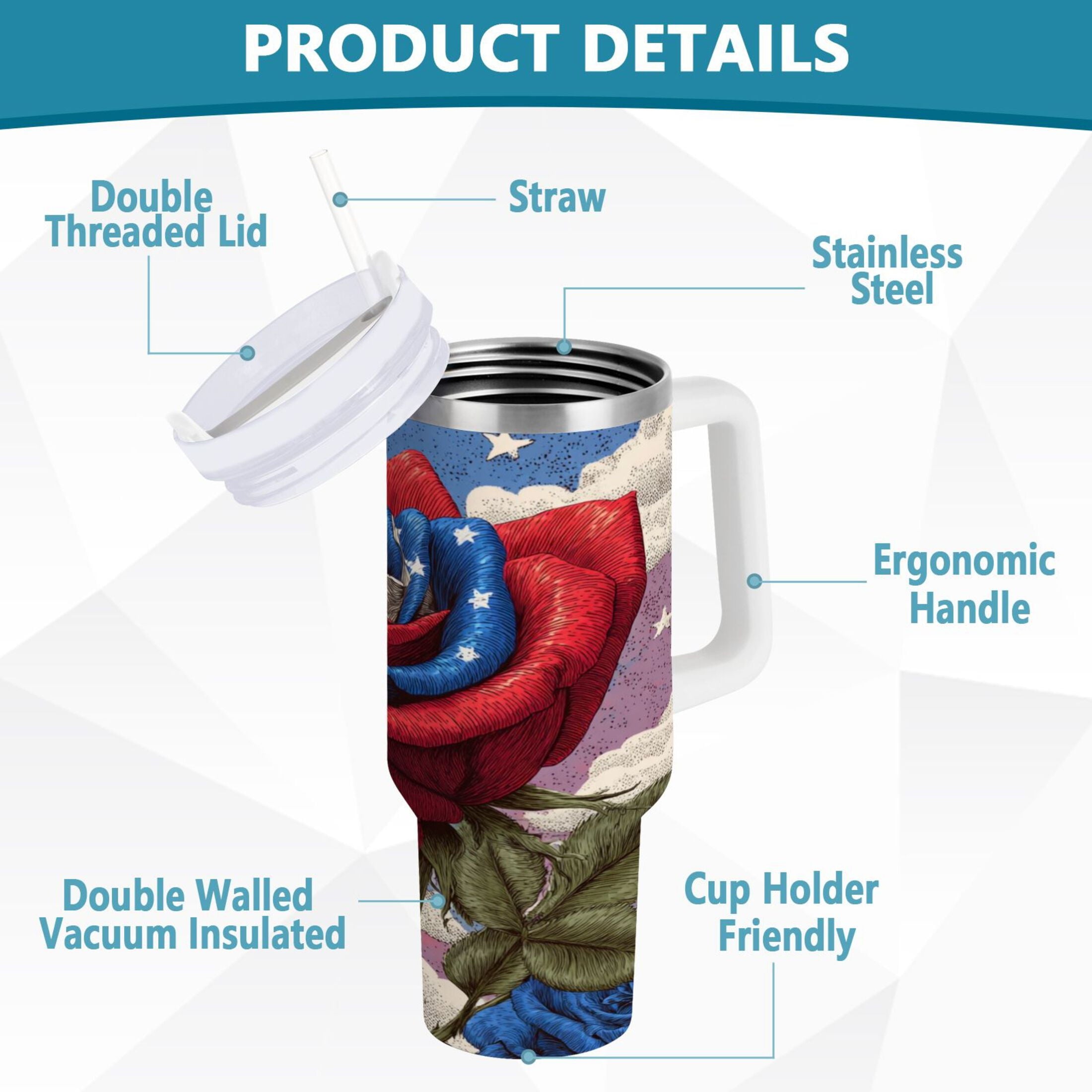 40 oz Insulated Stainless Steel Tumbler Double Wall Stainless Steel Tumbler with 2-Way Drinking Roses and Clouds M523Q