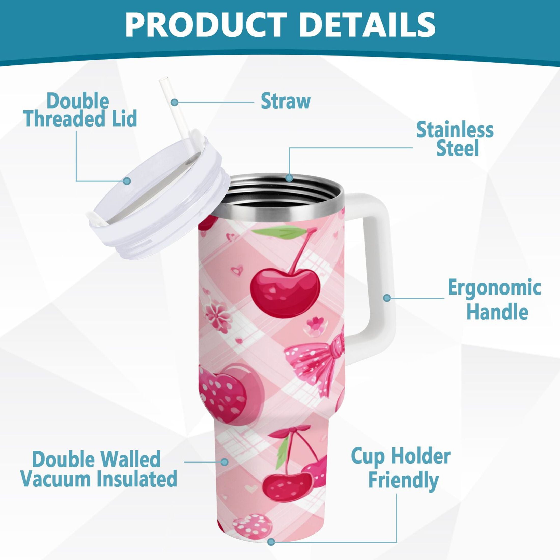 30 oz Insulated Stainless Steel Tumbler Double Wall Stainless Steel Tumbler with 2-Way Drinking Cherry and Pink Bow Pattern M617R