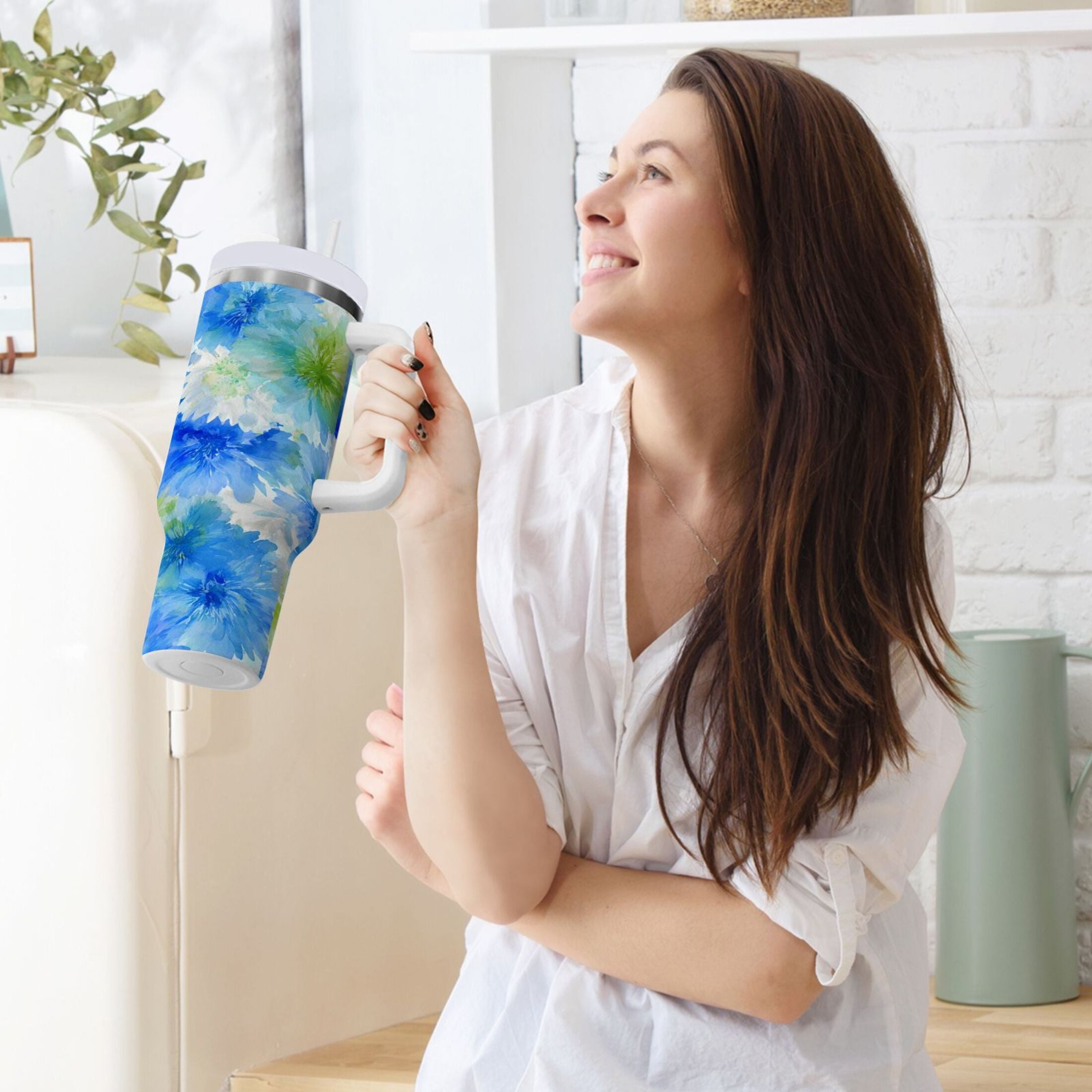 40 oz Insulated Stainless Steel Tumbler Double Wall Stainless Steel Tumbler with 2-Way Drinking Watercolor Blue Cornflowers M567K