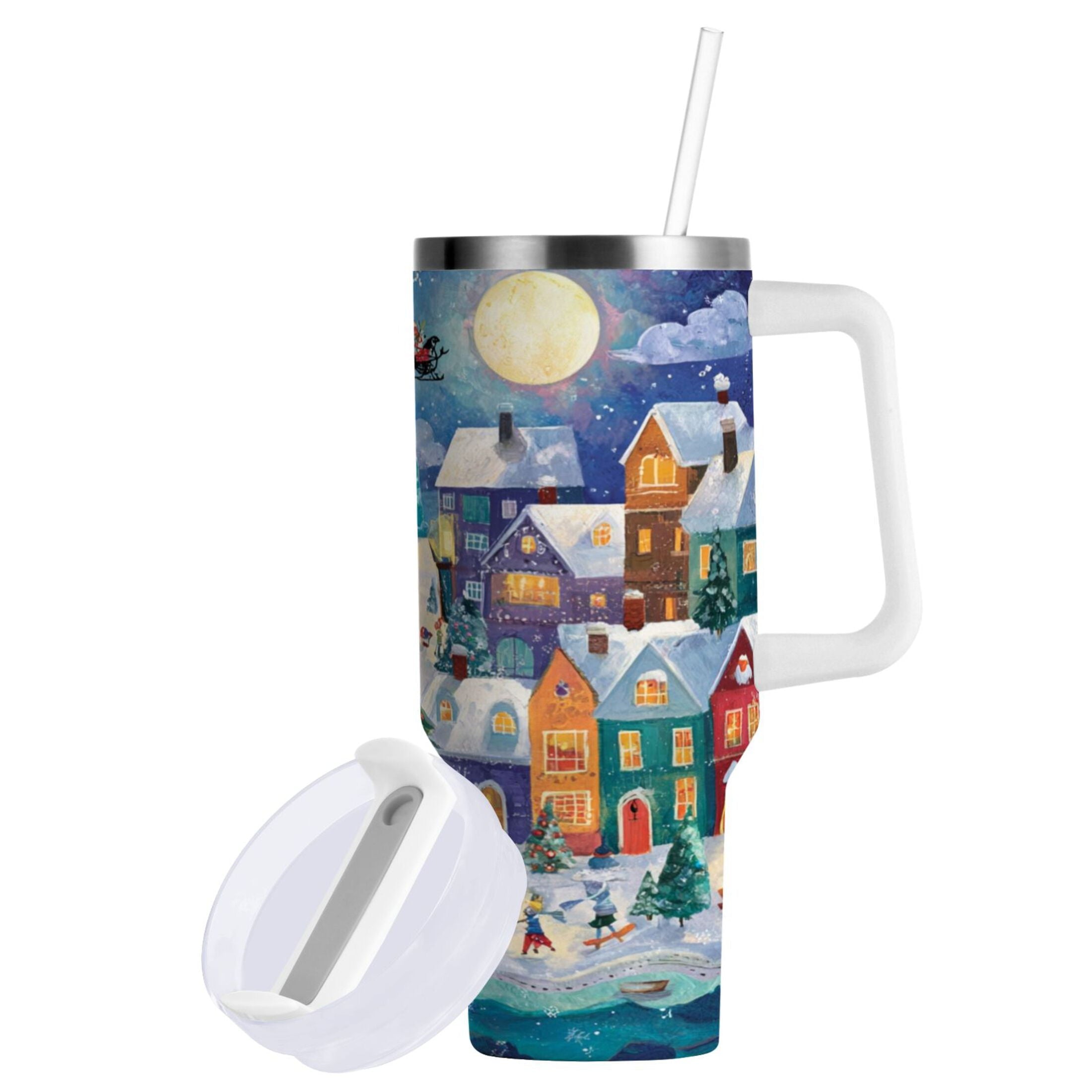 30 oz Insulated Stainless Steel Tumbler Double Wall Stainless Steel Tumbler with 2-Way Drinking Charming Christmas Scene M546J