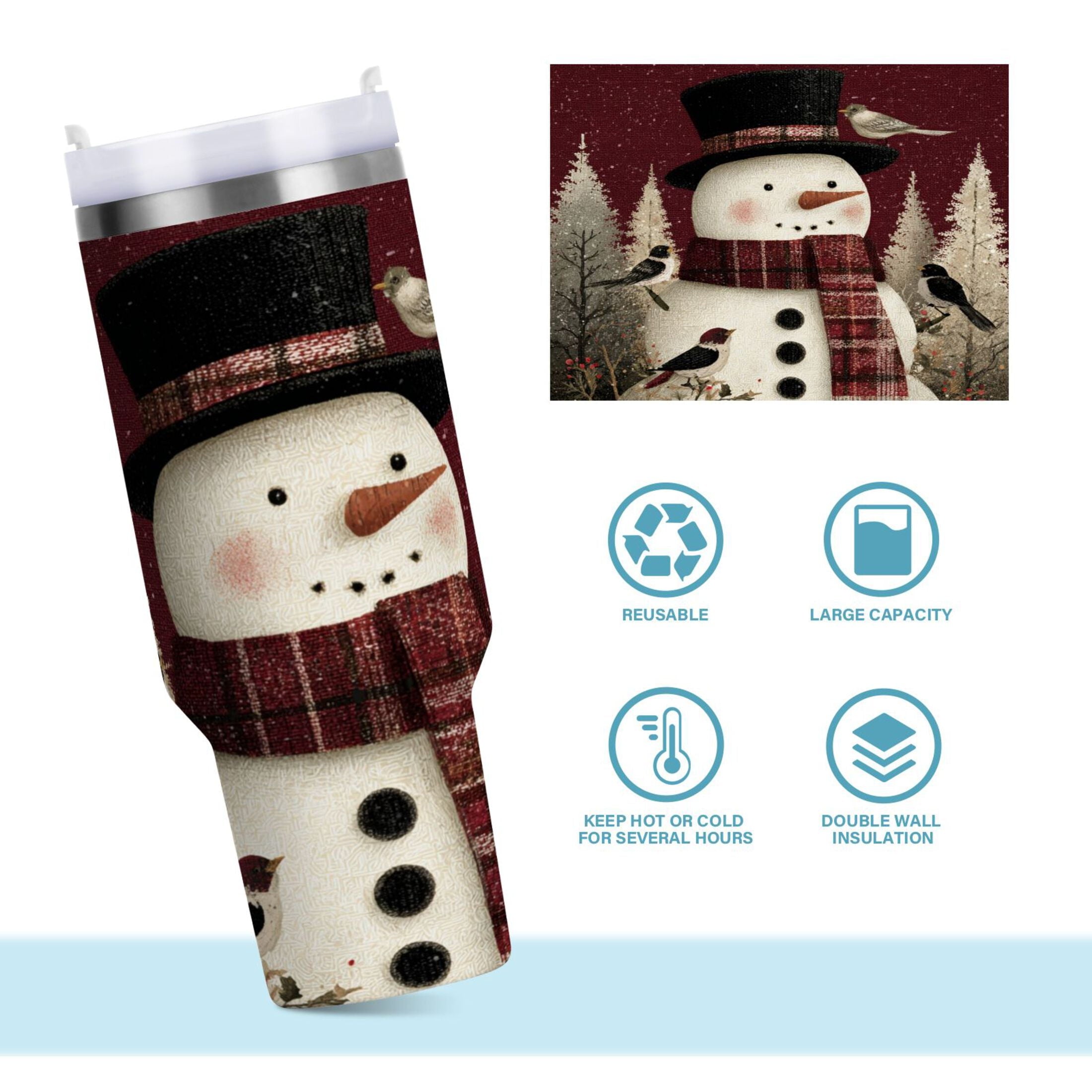 30 oz Insulated Stainless Steel Tumbler Double Wall Stainless Steel Tumbler with 2-Way Drinking Snowman and Birds M637Q