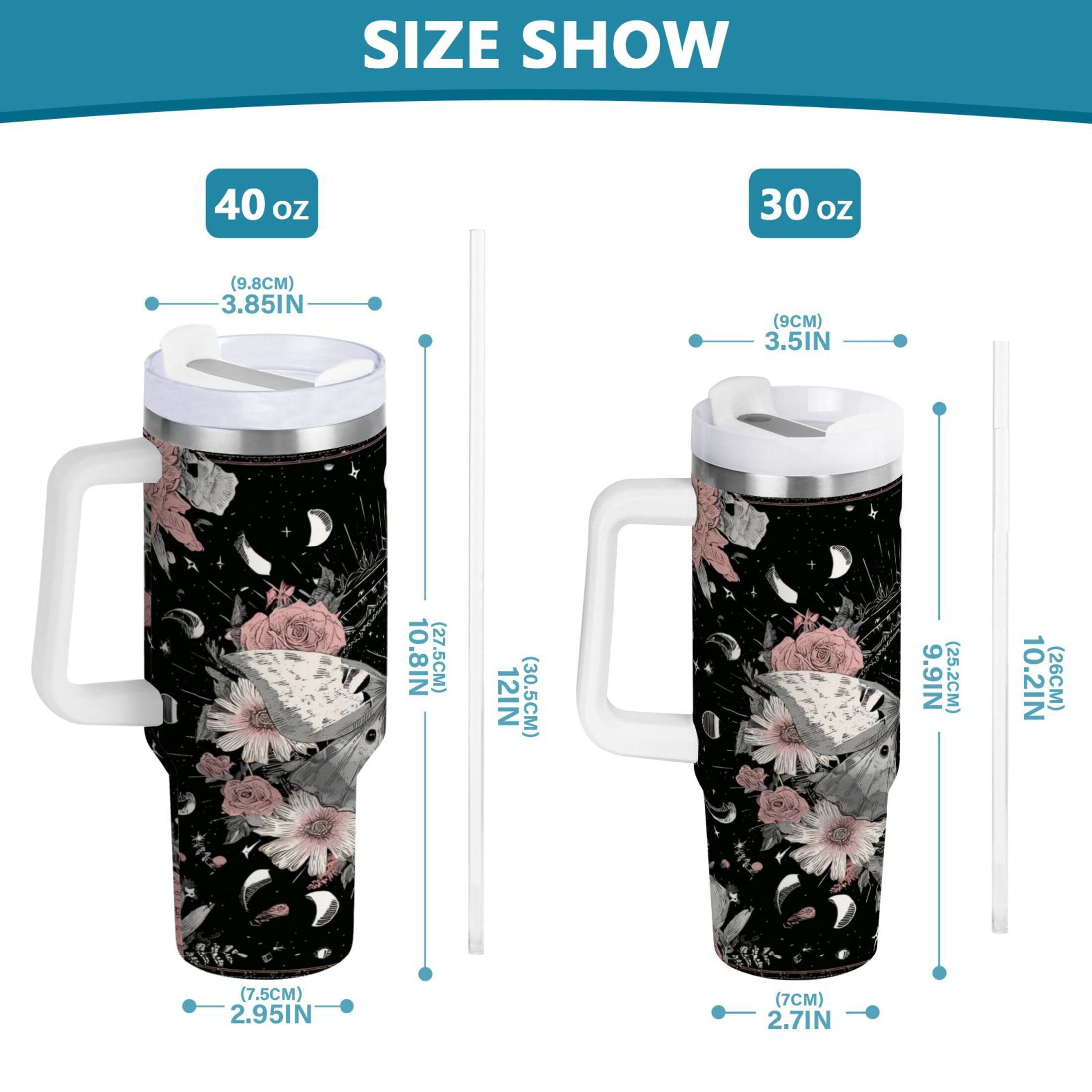 40 oz Insulated Stainless Steel Tumbler Double Wall Stainless Steel Tumbler with 2-Way Drinking Butterfly Surrounded by Flowers M640X