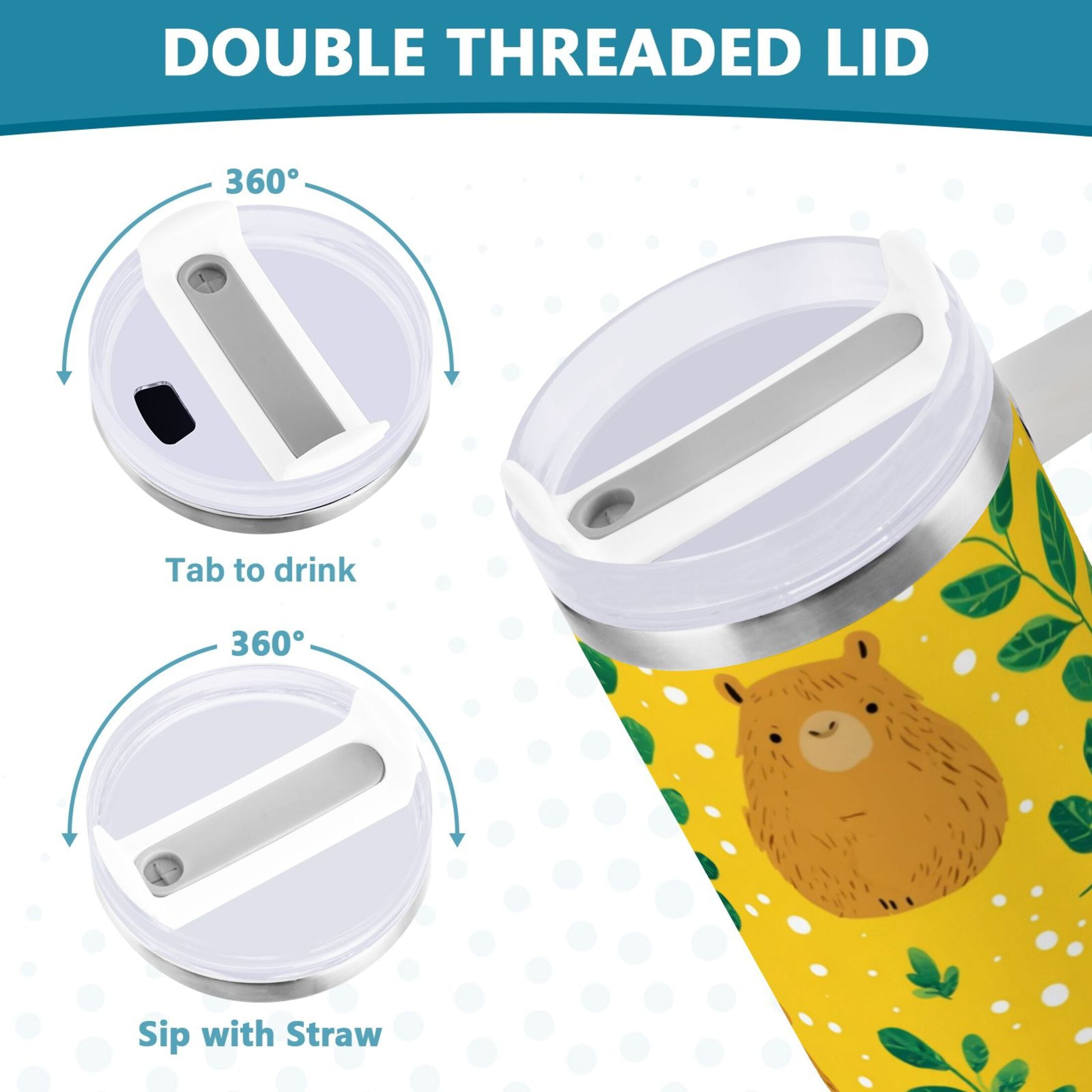 30 oz Insulated Stainless Steel Tumbler Double Wall Stainless Steel Tumbler with 2-Way Drinking Capybara and Green Leaves M658G