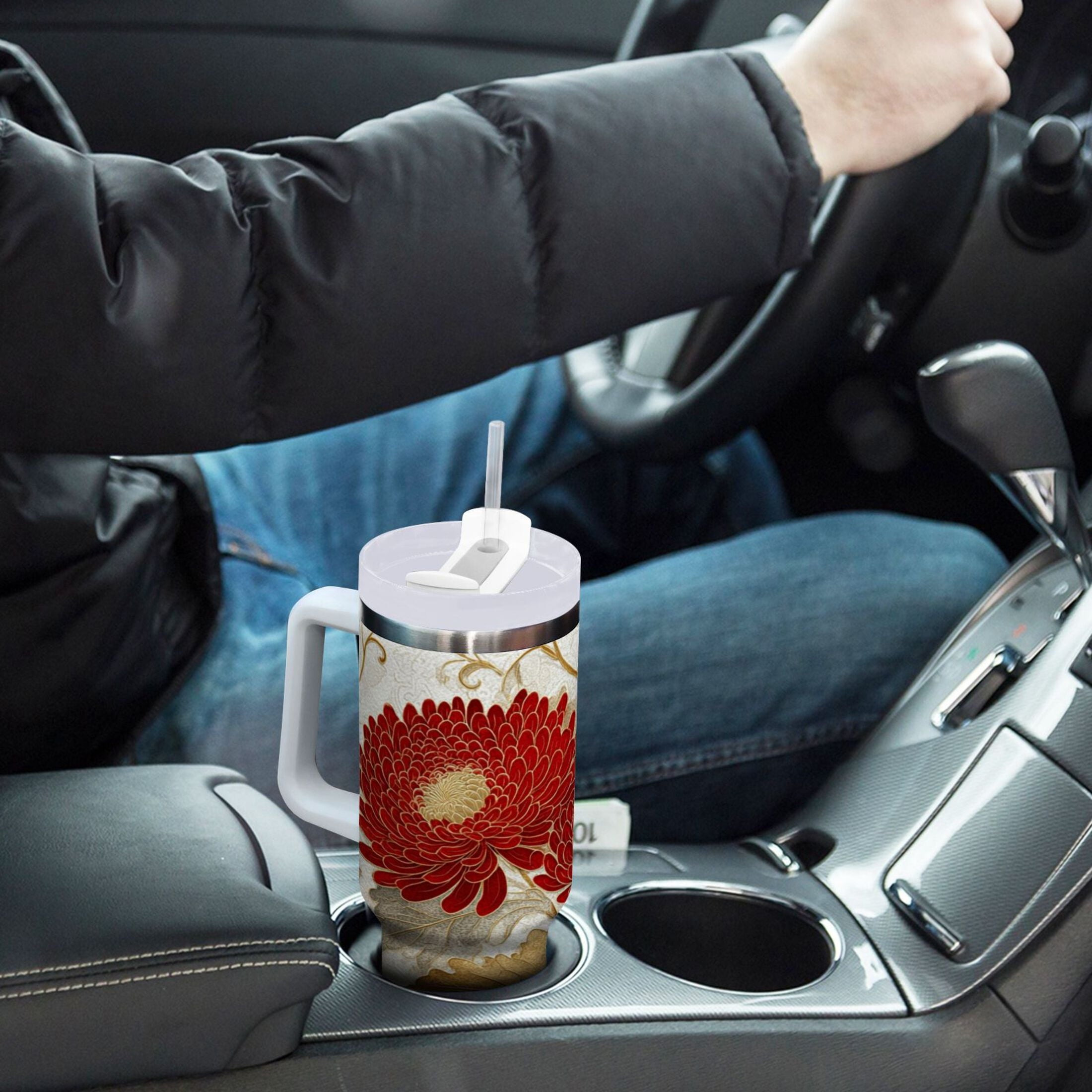 30 oz Insulated Stainless Steel Tumbler Double Wall Stainless Steel Tumbler with 2-Way Drinking Red Chrysanthemum Pattern M676U