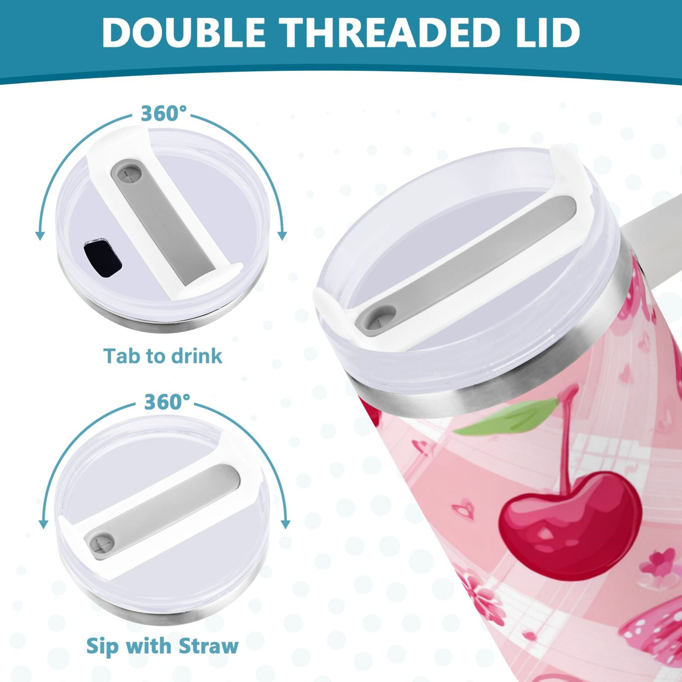 30 oz Insulated Stainless Steel Tumbler Double Wall Stainless Steel Tumbler with 2-Way Drinking Cherry and Pink Bow Pattern M617R