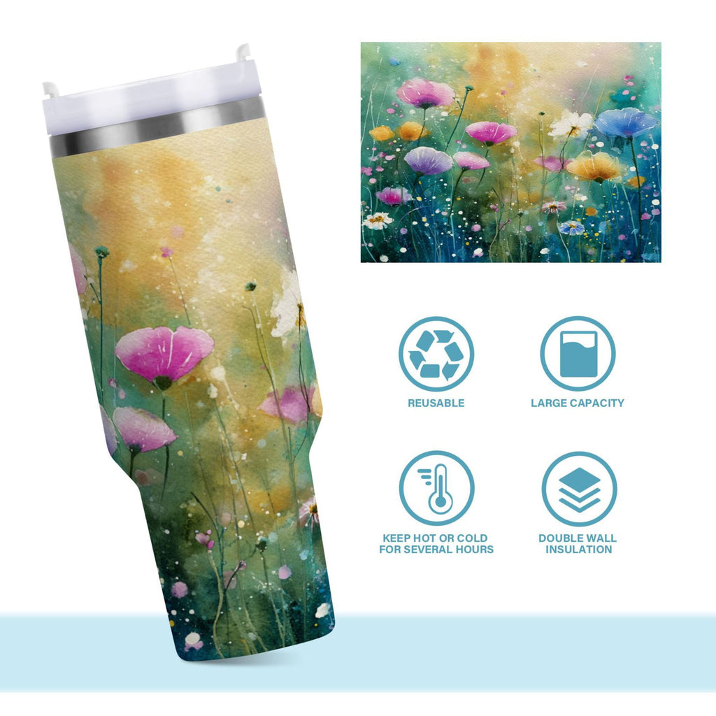 30 oz Insulated Stainless Steel Tumbler Double Wall Stainless Steel Tumbler with 2-Way Drinking Watercolor Wildflowers M563G