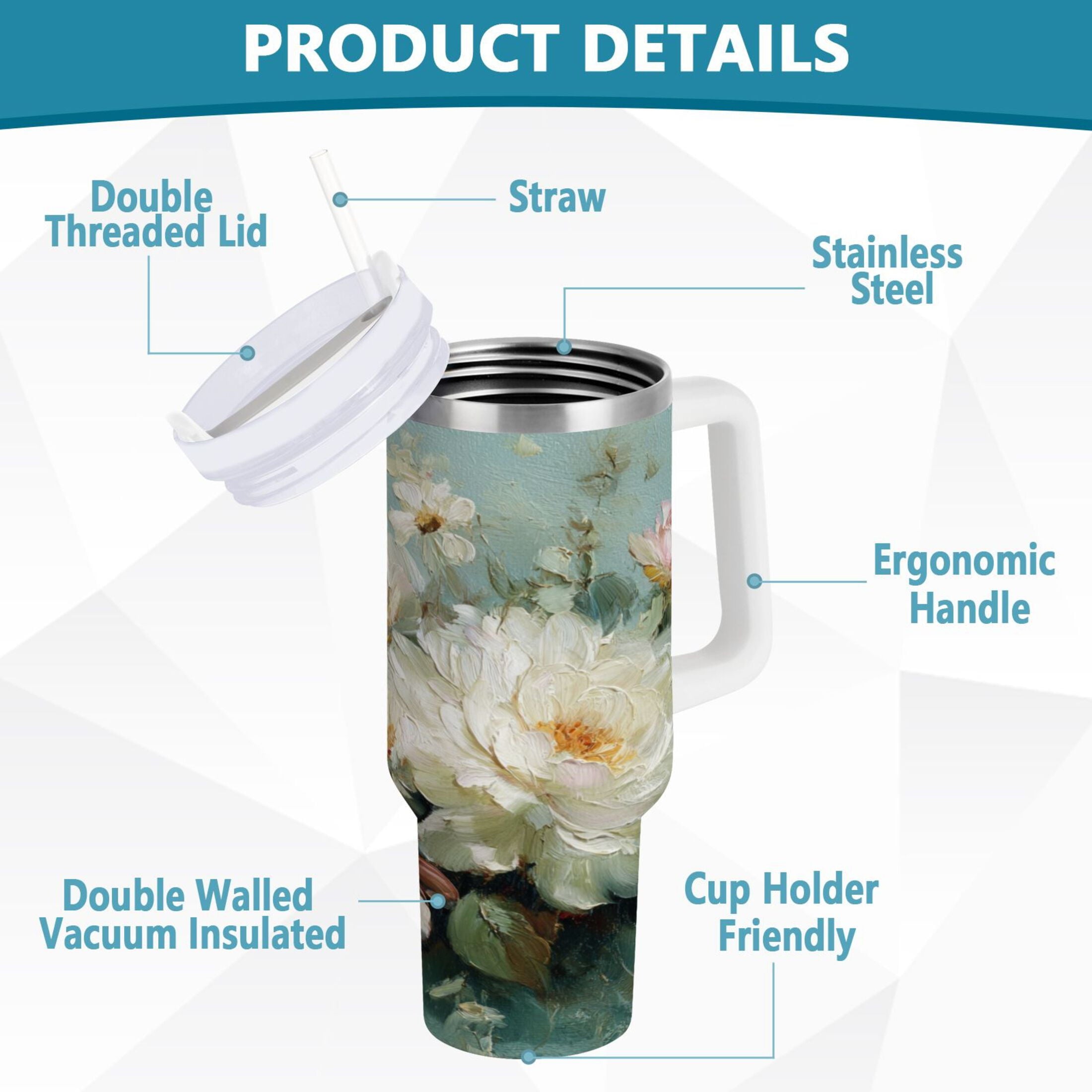 40 oz Insulated Stainless Steel Tumbler Double Wall Stainless Steel Tumbler with 2-Way Drinking Vintage Peonies and Daisies M677V