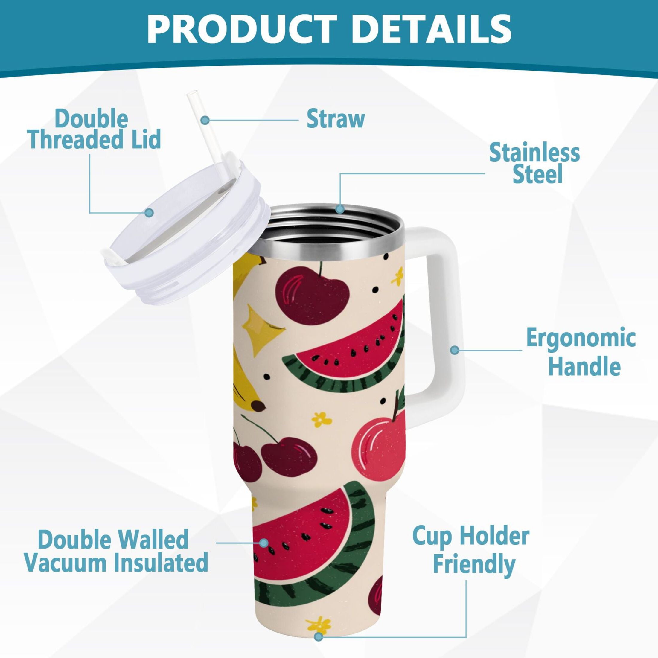 30 oz Insulated Stainless Steel Tumbler Double Wall Stainless Steel Tumbler with 2-Way Drinking Watermelon and Cherries M579R