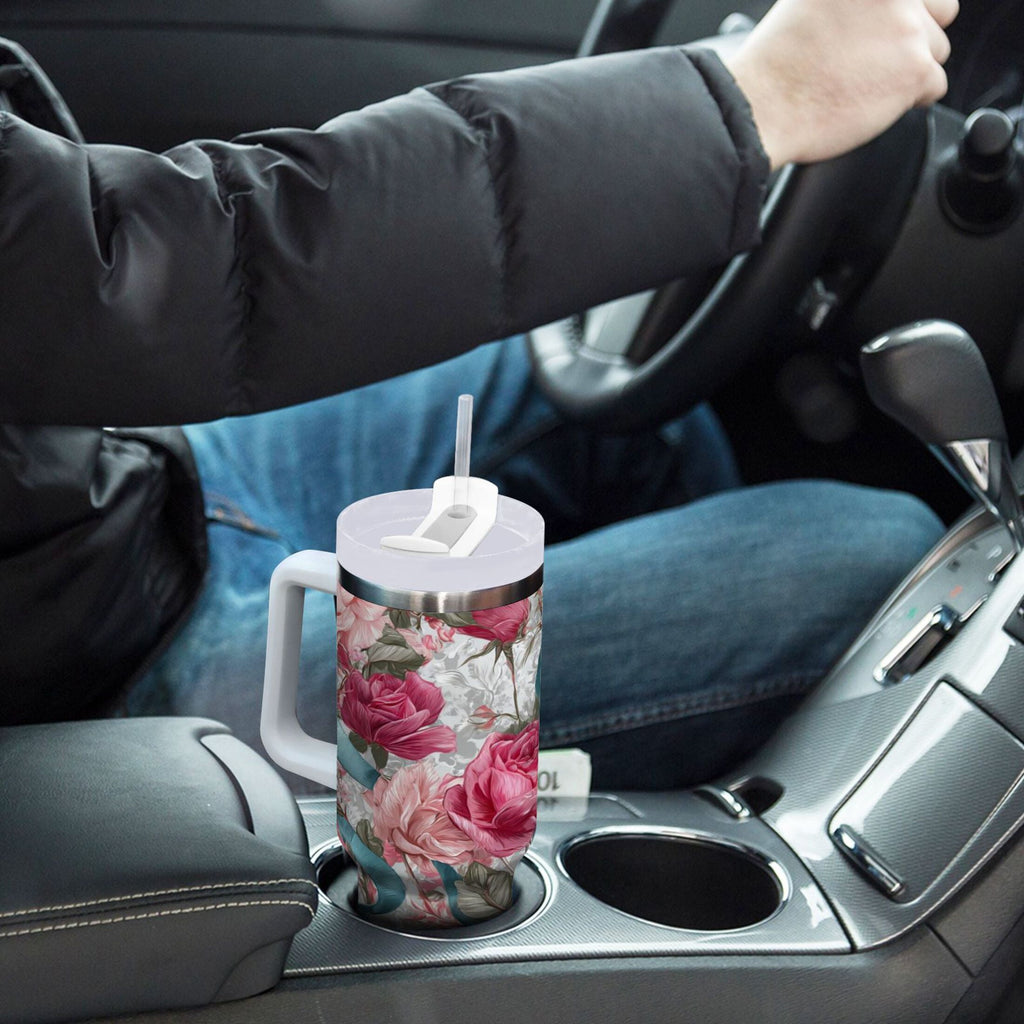 30 oz Insulated Stainless Steel Tumbler Double Wall Stainless Steel Tumbler with 2-Way Drinking Roses and Ribbons M675E