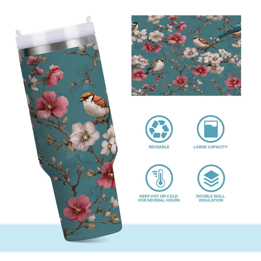 30 oz Insulated Stainless Steel Tumbler Double Wall Stainless Steel Tumbler with 2-Way Drinking Birds and Cherry Pattern M537X