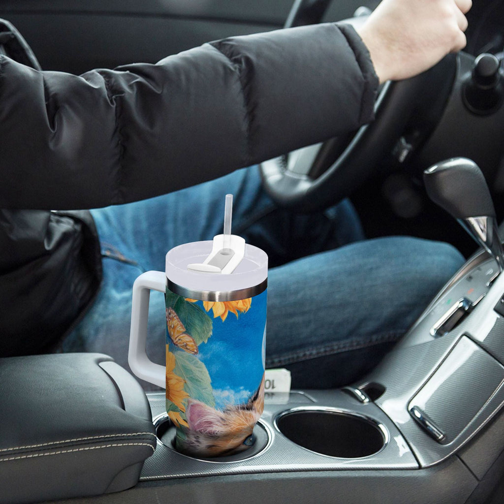 40 oz Insulated Stainless Steel Tumbler Double Wall Stainless Steel Tumbler with 2-Way Drinking Playful Cat Lying Sunflowers M549Y