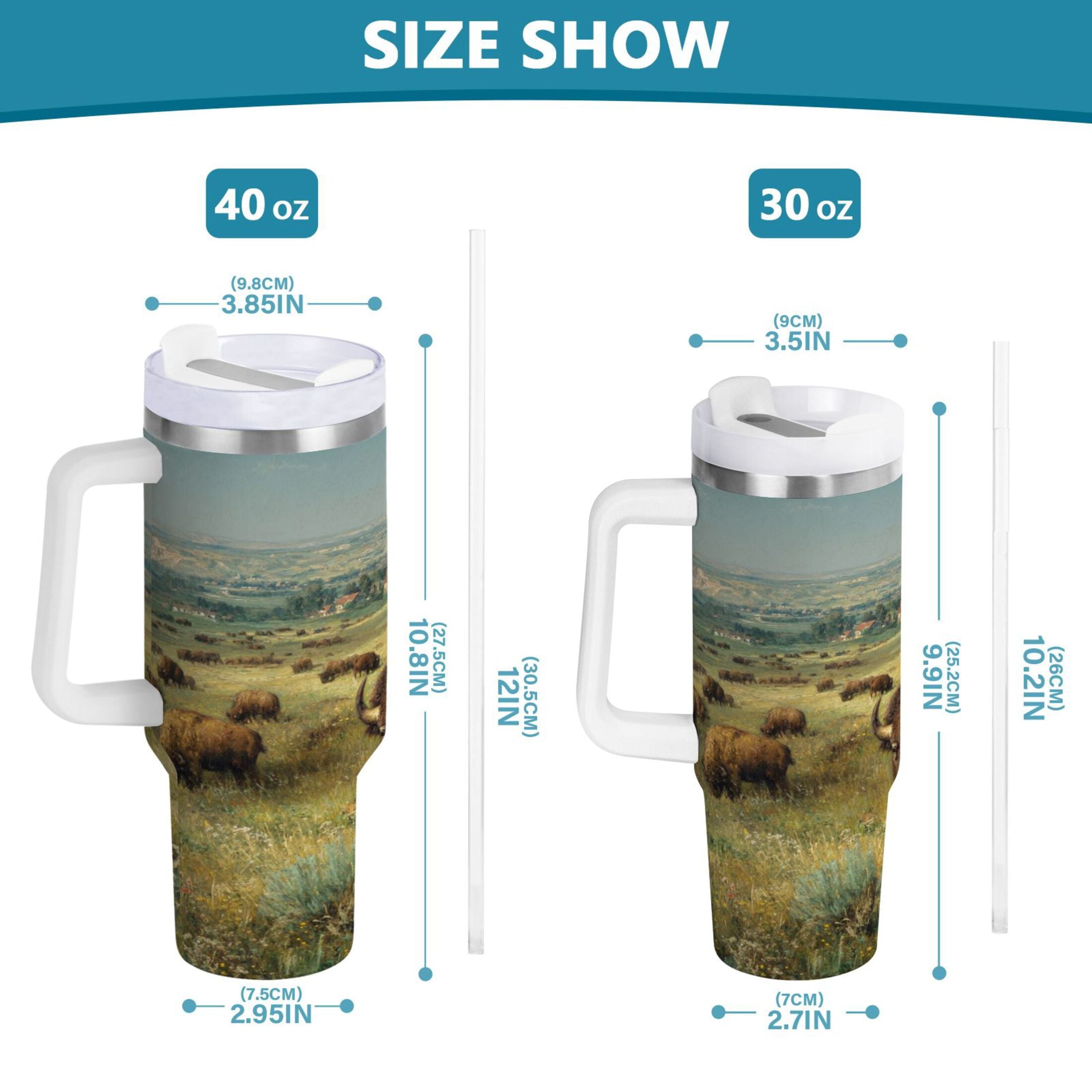 30 oz Insulated Stainless Steel Tumbler Double Wall Stainless Steel Tumbler with 2-Way Drinking Buffalo Herd Oil Painting M660K