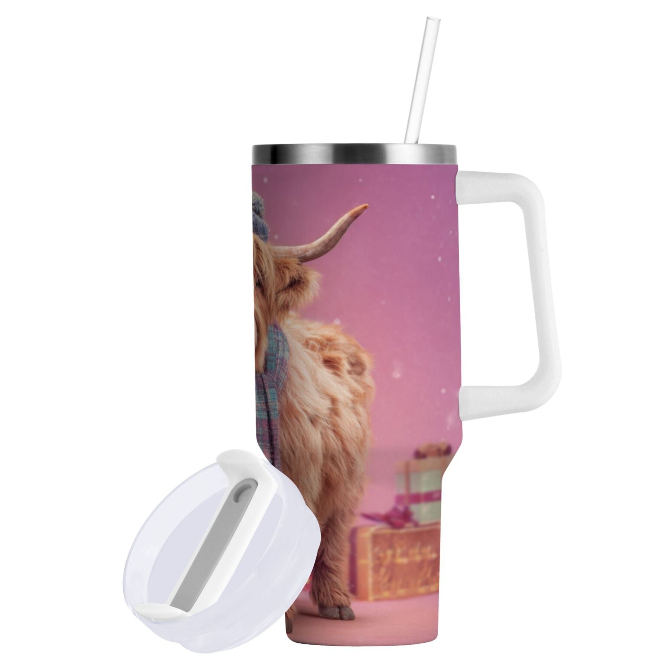 30 oz Insulated Stainless Steel Tumbler Double Wall Stainless Steel Tumbler with 2-Way Drinking Cow Wearing Christmas M626M