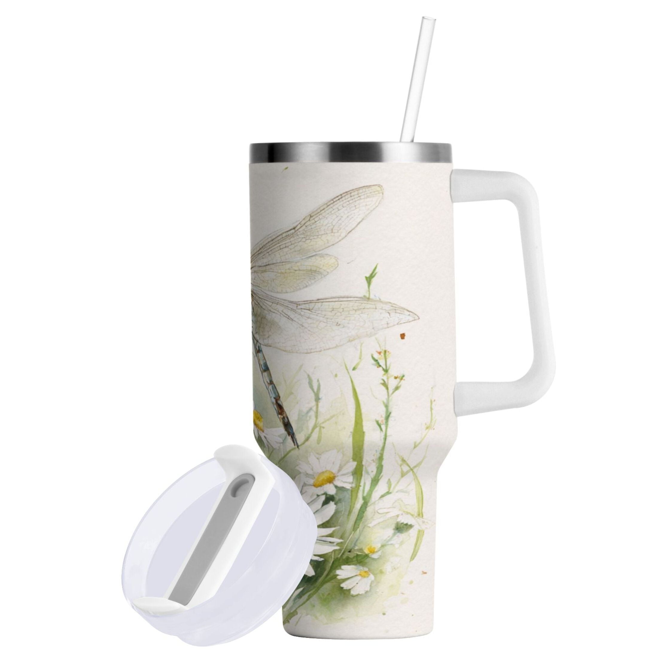 30 oz Insulated Stainless Steel Tumbler Double Wall Stainless Steel Tumbler with 2-Way Drinking Dragonflies with White Daisies M655H