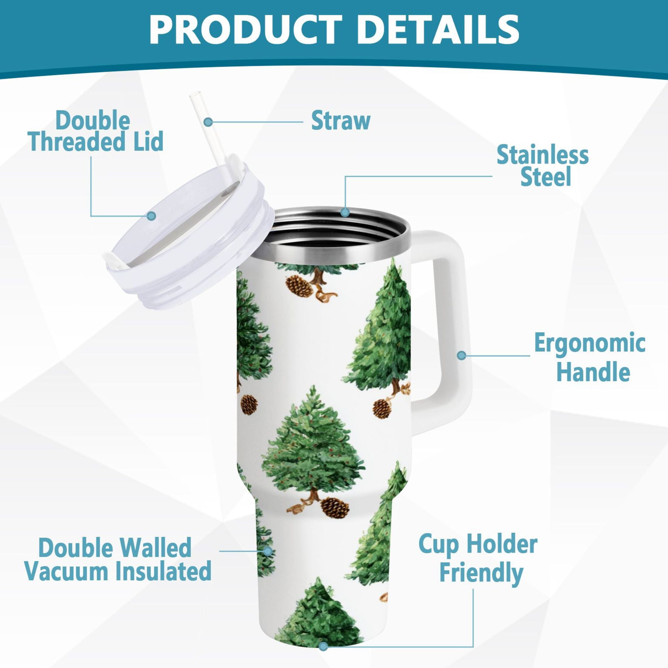 30 oz Insulated Stainless Steel Tumbler Double Wall Stainless Steel Tumbler with 2-Way Drinking Watercolor Green Christmas Tree M533J