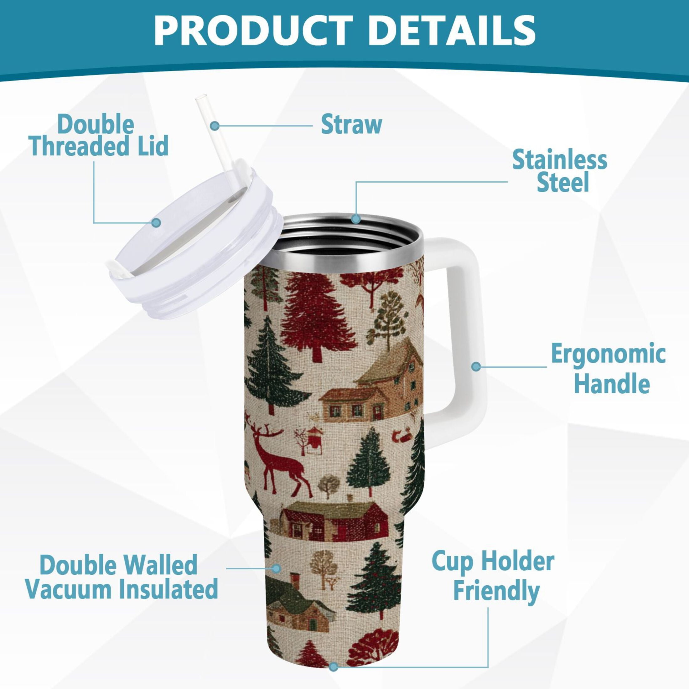 30 oz Insulated Stainless Steel Tumbler Double Wall Stainless Steel Tumbler with 2-Way Drinking Christmas Trees Deer and Houses M577F
