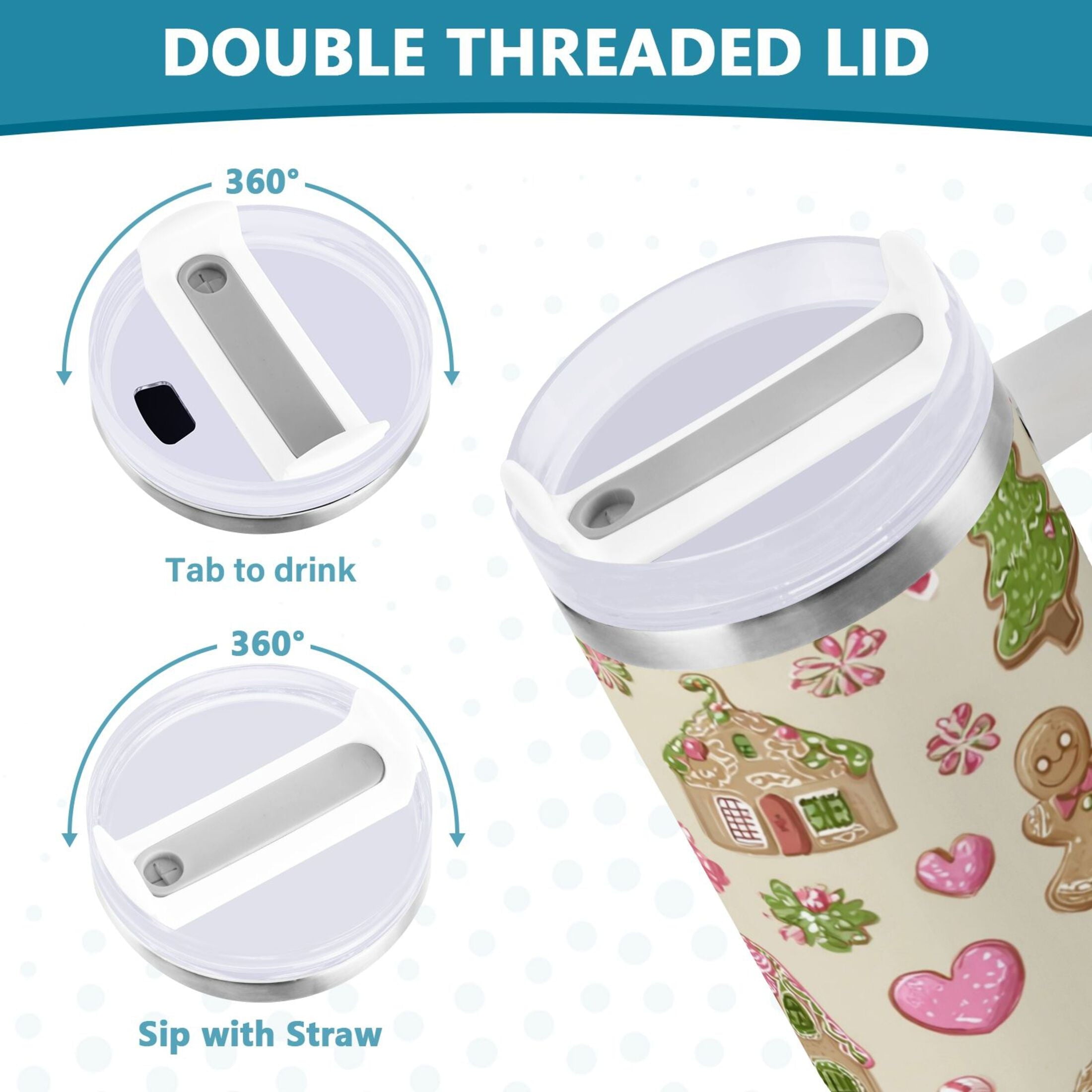 40 oz Insulated Stainless Steel Tumbler Double Wall Stainless Steel Tumbler with 2-Way Drinking Pink Cute Christmas Pattern M564A