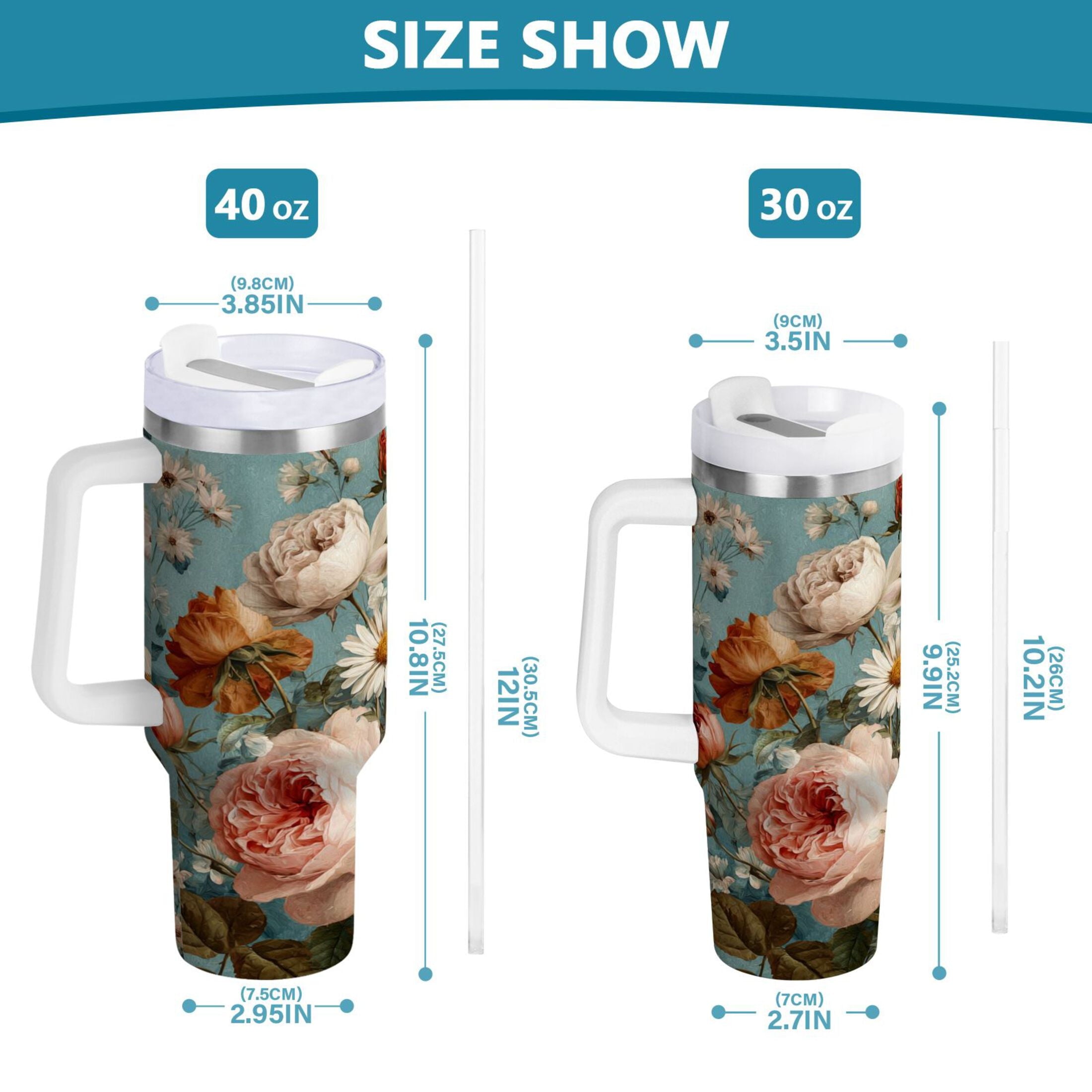 30 oz Insulated Stainless Steel Tumbler Double Wall Stainless Steel Tumbler with 2-Way Drinking Vintage Roses and Peonies M667B