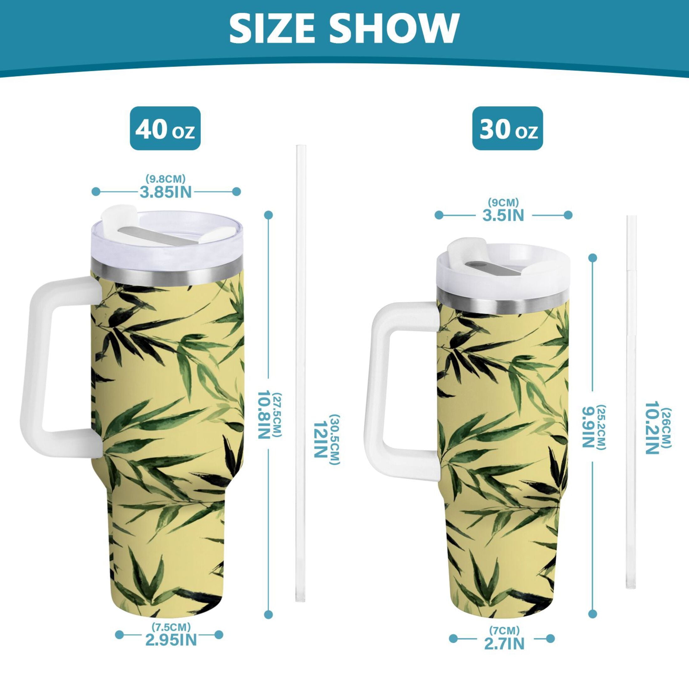 30 oz Insulated Stainless Steel Tumbler Double Wall Stainless Steel Tumbler with 2-Way Drinking Bamboo and Green Leaves M633V