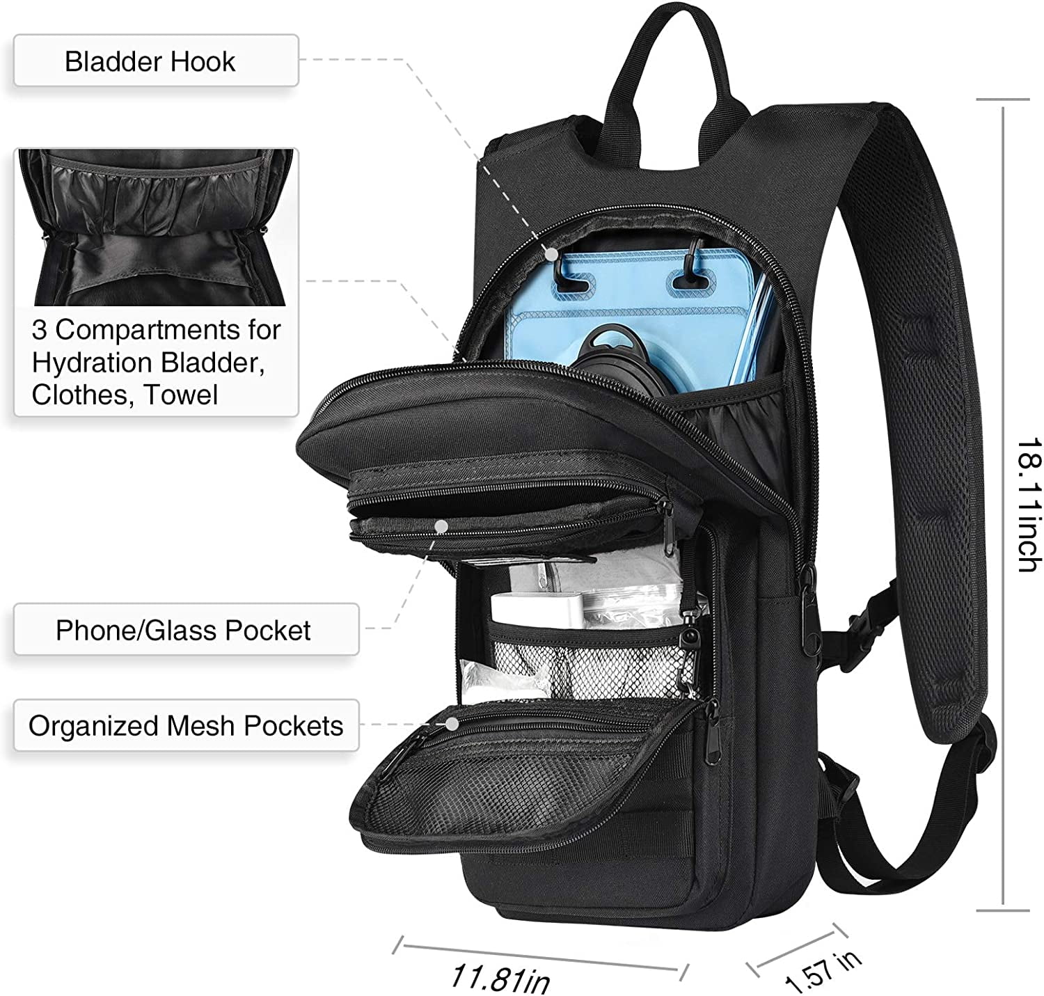 Brightify 17L Hydration Backpack with 3L TPU Water Bladder, Camel Backpack Hydration Pack for Hiking Hunting Climbing Cycling Biking Running, Molle Compatible Water Backpack for Men Women, Black M381M